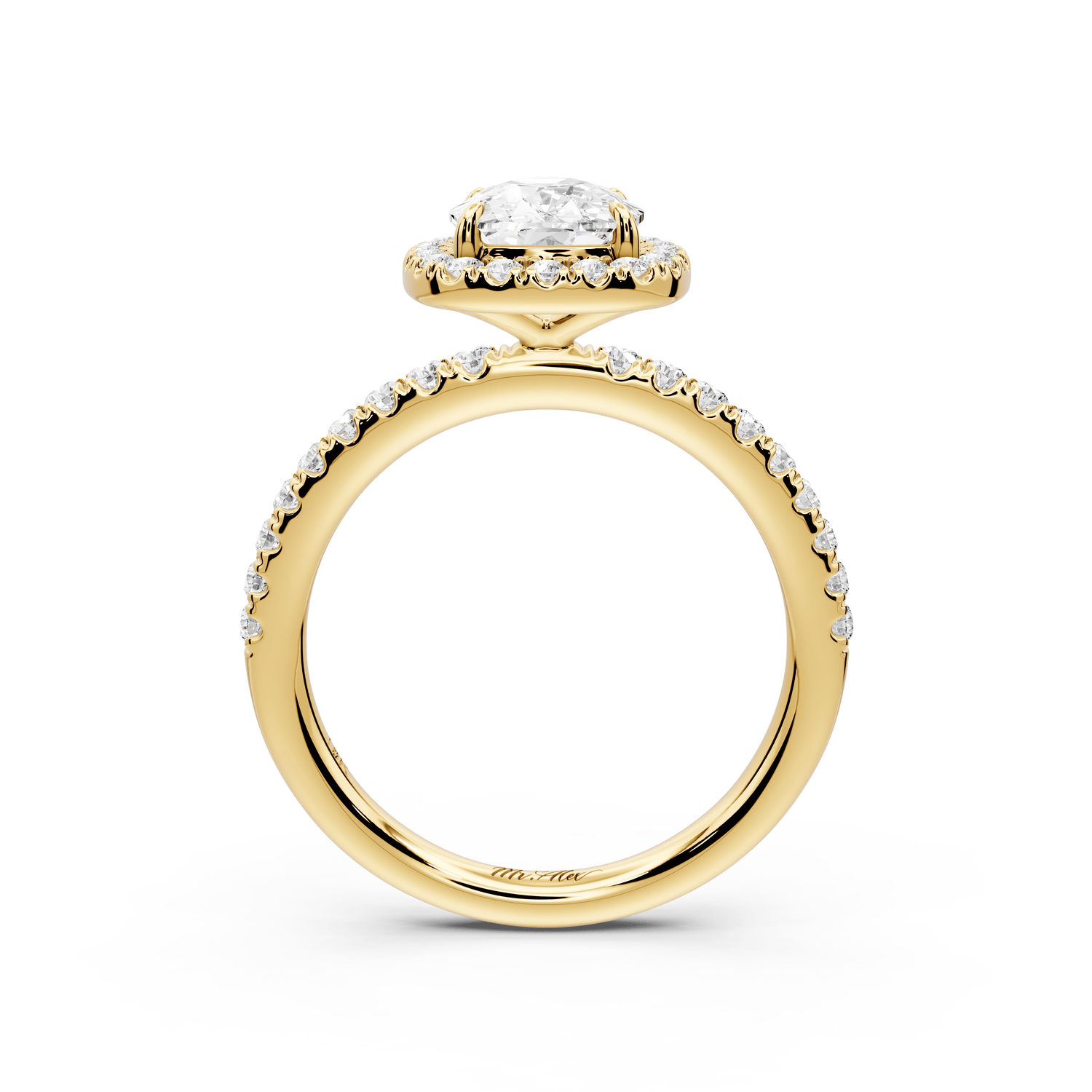 Marina - 2ct 18k yellow gold ecushion halo pavé half band engagement ring - Mr. Alex Jewelry