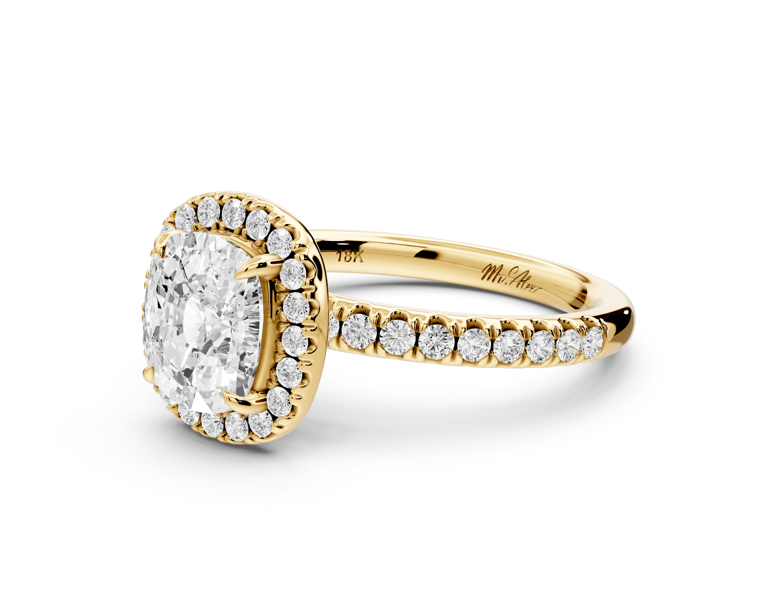 Marina - 2ct 18k yellow gold ecushion halo pavé half band engagement ring - Mr. Alex Jewelry