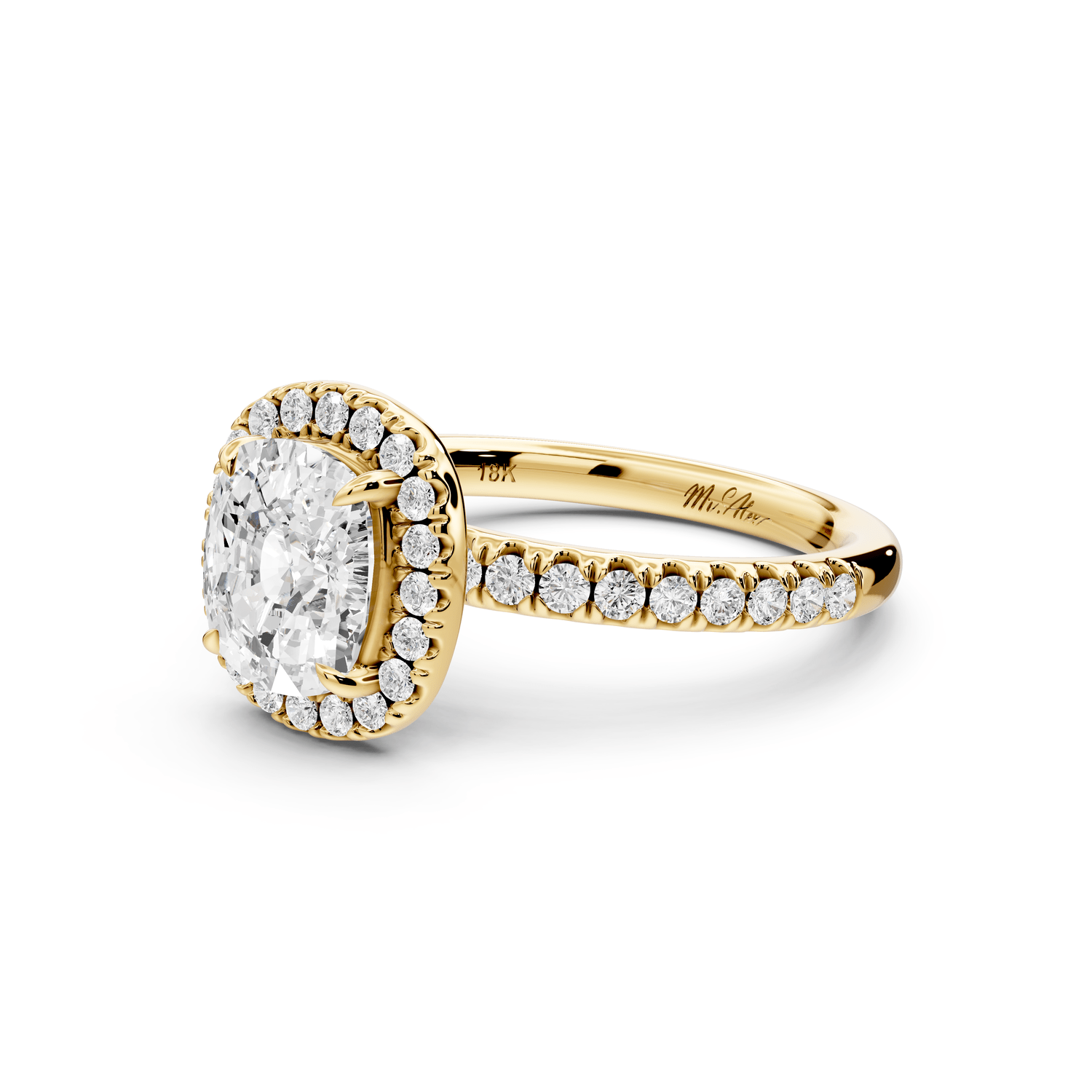 Marina - 2ct 18k yellow gold ecushion halo pavé half band engagement ring - Mr. Alex Jewelry