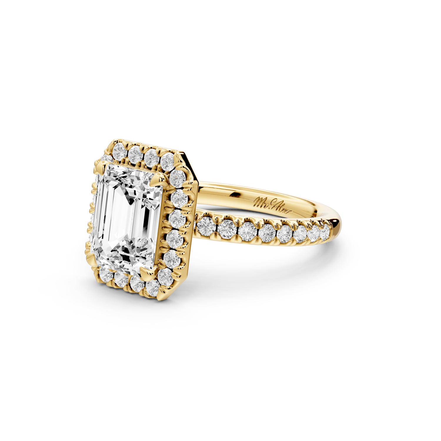 Marina - 2ct 18k yellow gold emerald halo pavé half band engagment ring - Mr. Alex Jewelry