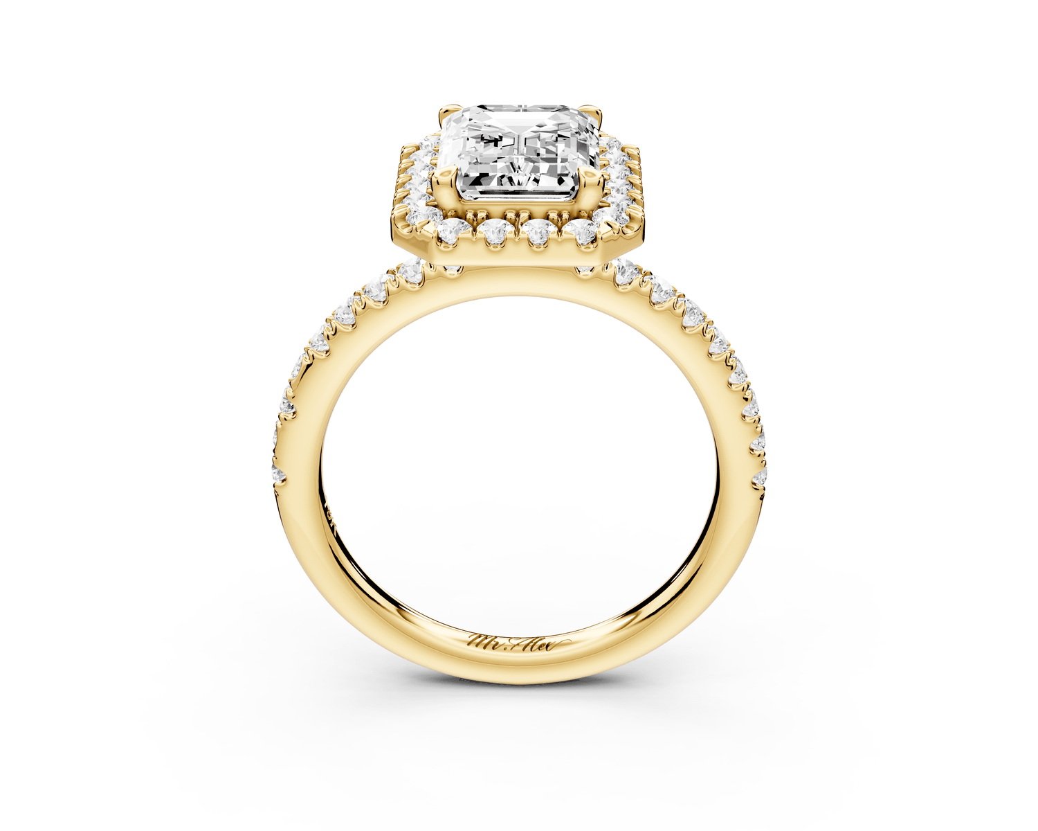 Marina - 2ct 18k yellow gold emerald halo pavé half band engagment ring - Mr. Alex Jewelry