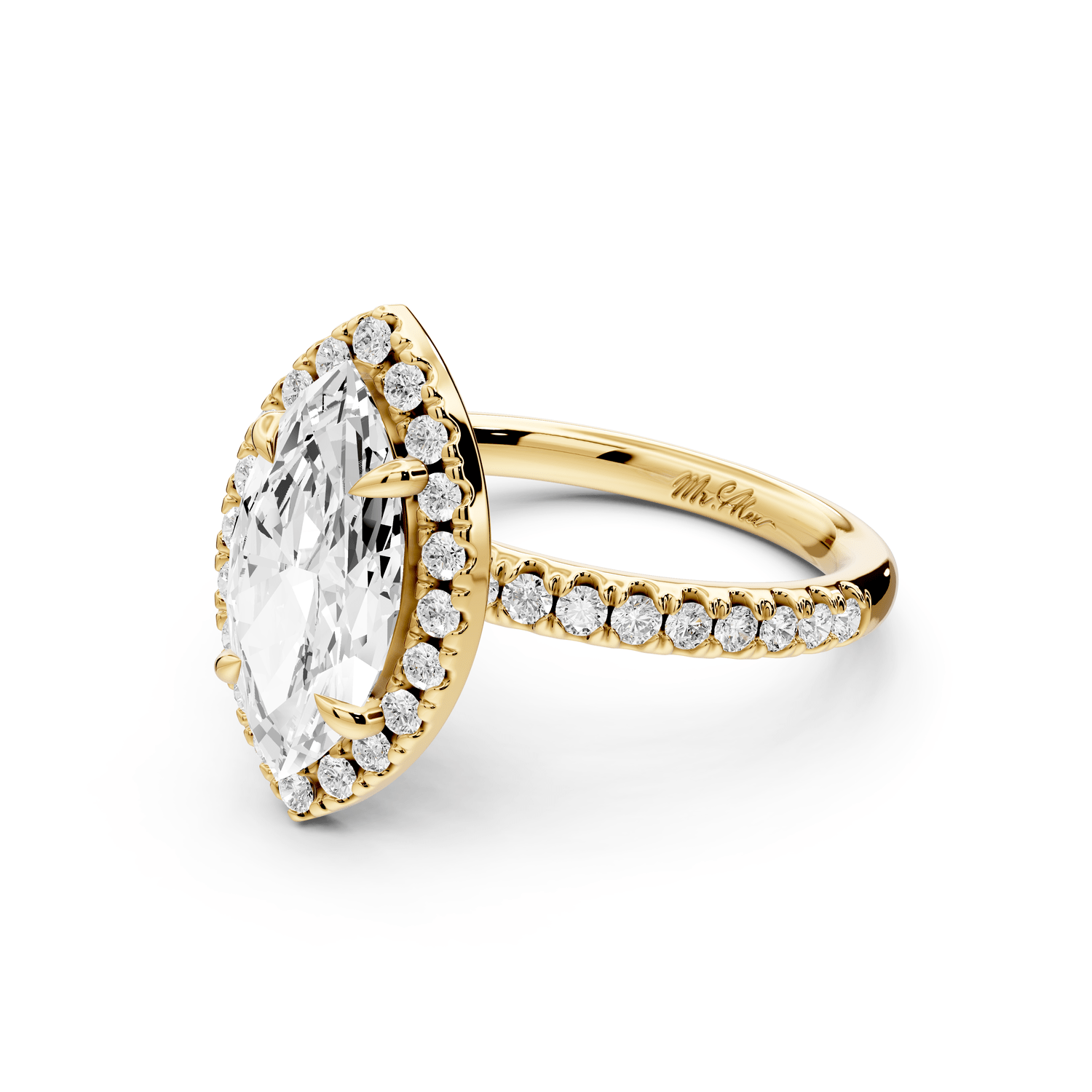 Marina - 2ct 18k yellow gold marquise halo pavé half band engagement ring - Mr. Alex Jewelry