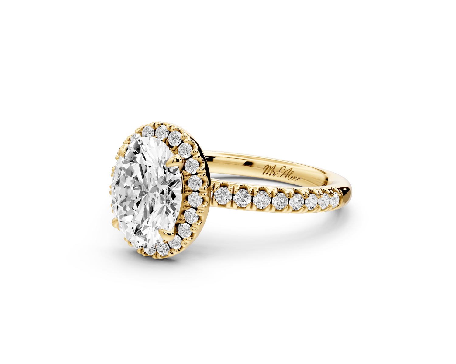 Marina - 2ct 18k yellow gold oval halo pavé half band engagment ring - Mr. Alex Jewelry