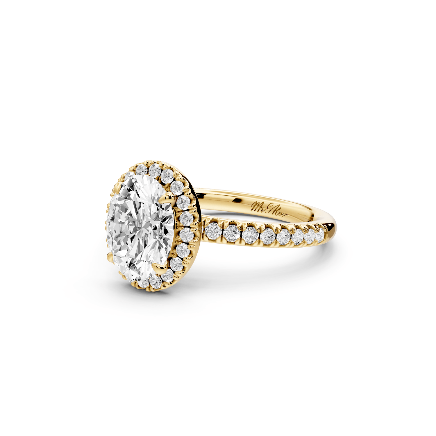 Marina - 2ct 18k yellow gold oval halo pavé half band engagment ring - Mr. Alex Jewelry