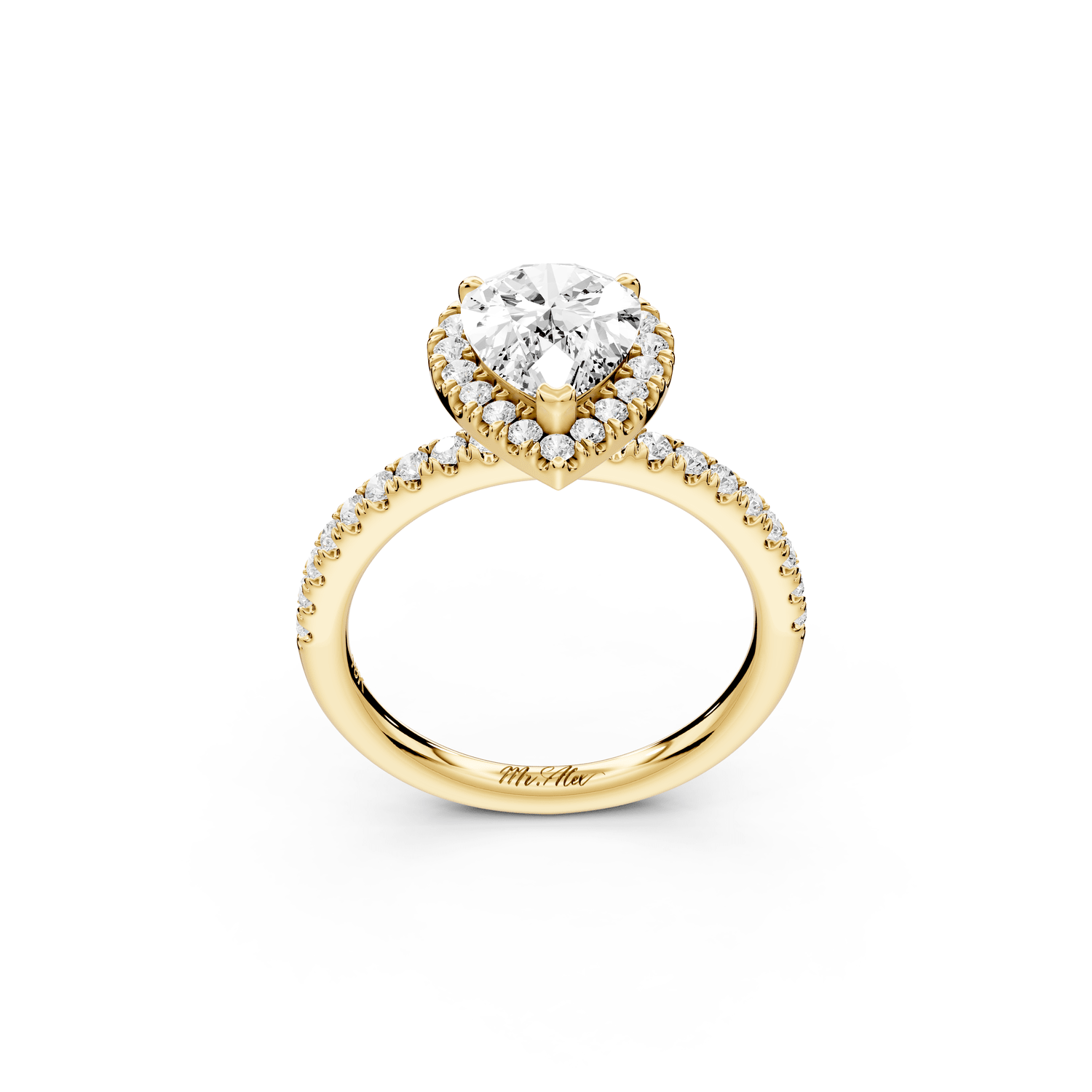 Marina - 2ct 18k yellow gold pear halo pavé half band engagment ring - Mr. Alex Jewelry