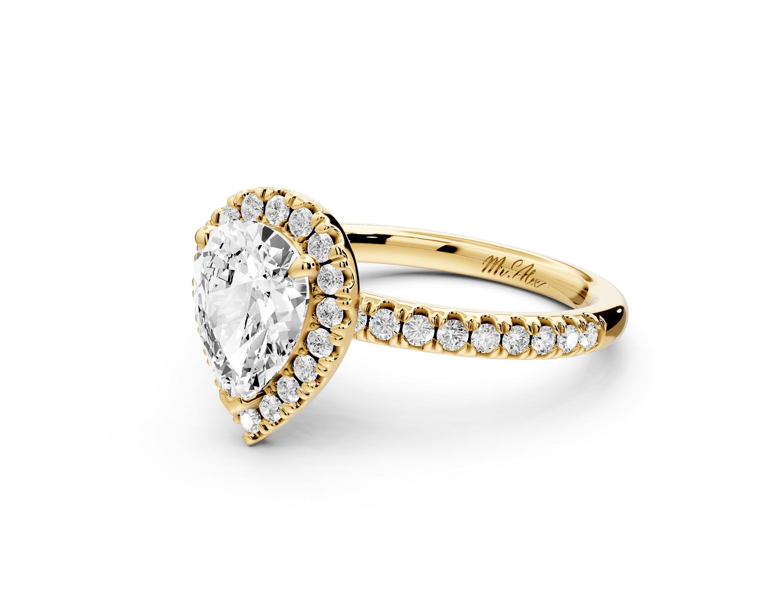Marina - 2ct 18k yellow gold pear halo pavé half band engagment ring - Mr. Alex Jewelry