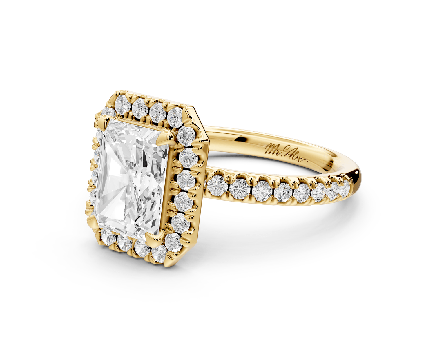 Marina - 2ct 18k yellow gold radiant halo pavé half band engagement ring - Mr. Alex Jewelry