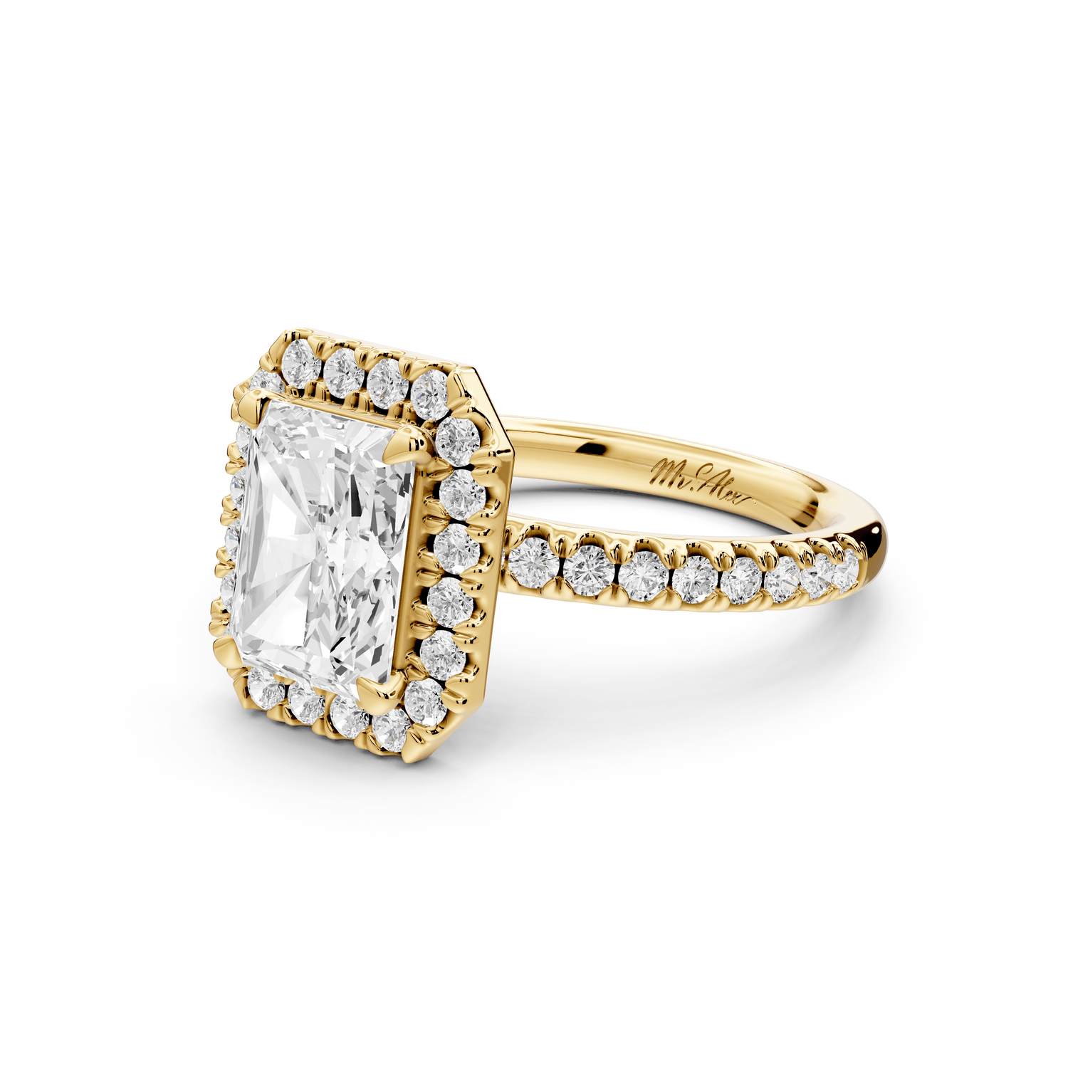 Marina - 2ct 18k yellow gold radiant halo pavé half band engagement ring - Mr. Alex Jewelry