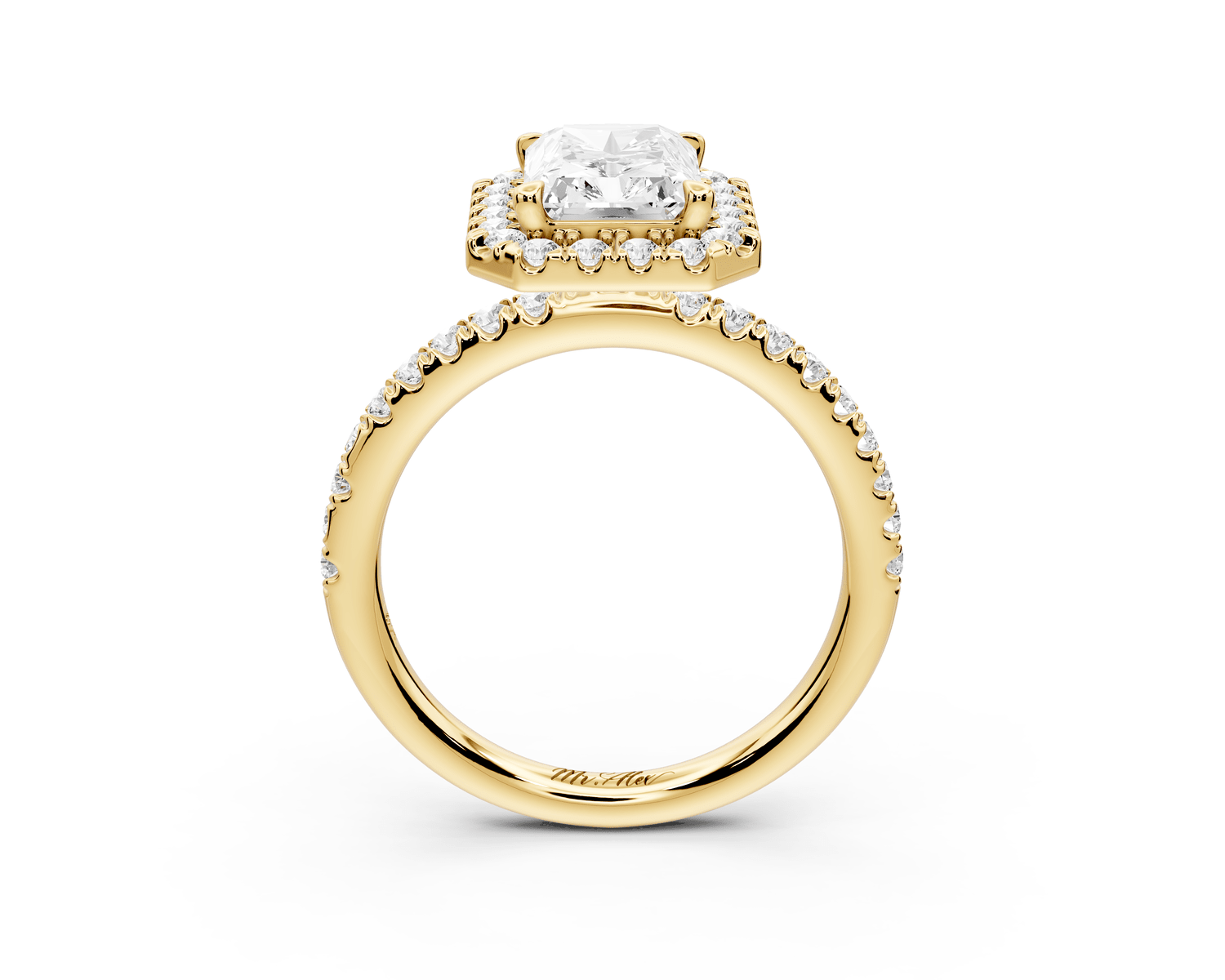 Marina - 2ct 18k yellow gold radiant halo pavé half band engagement ring - Mr. Alex Jewelry