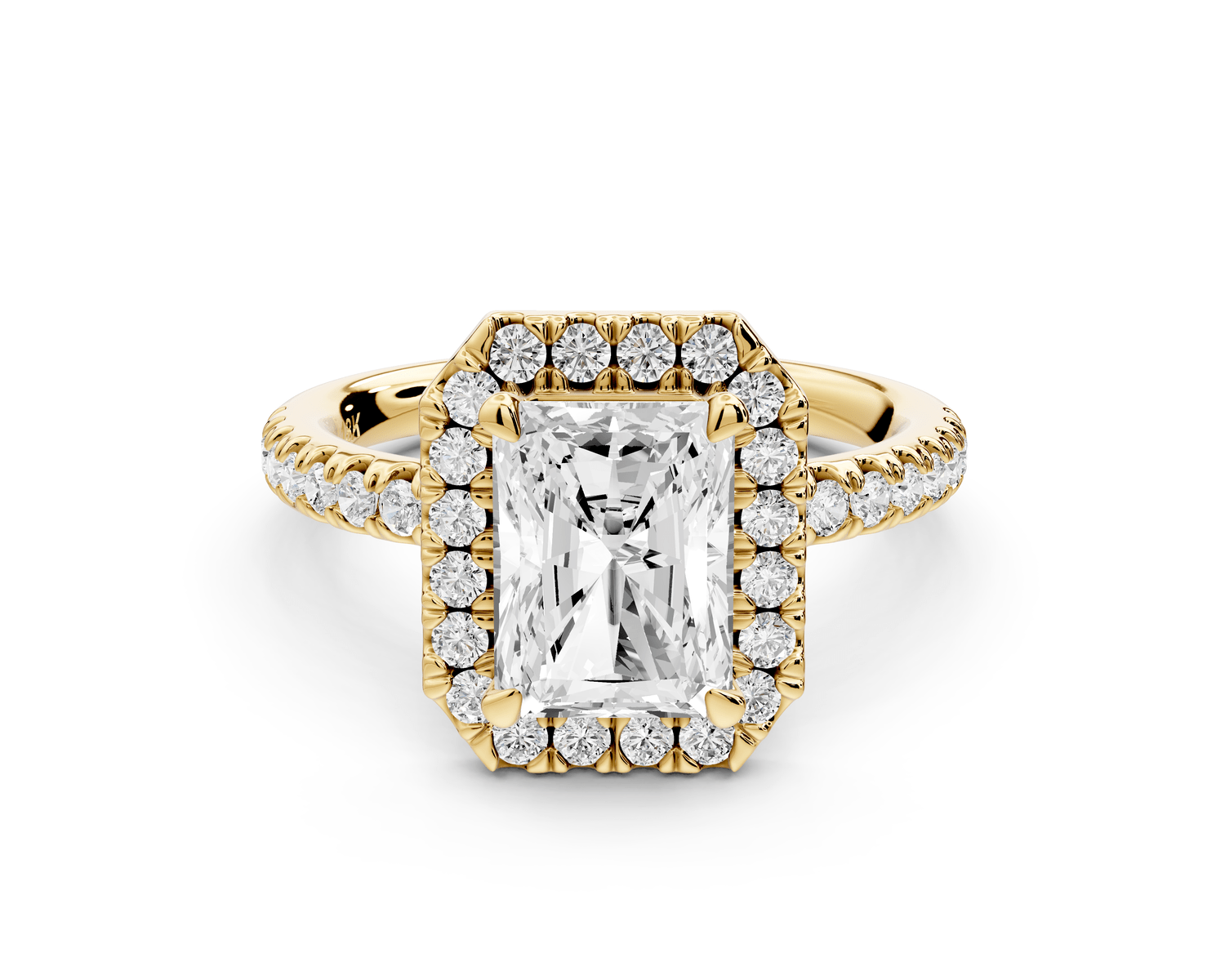 Marina - 2ct 18k yellow gold radiant halo pavé half band engagement ring - Mr. Alex Jewelry