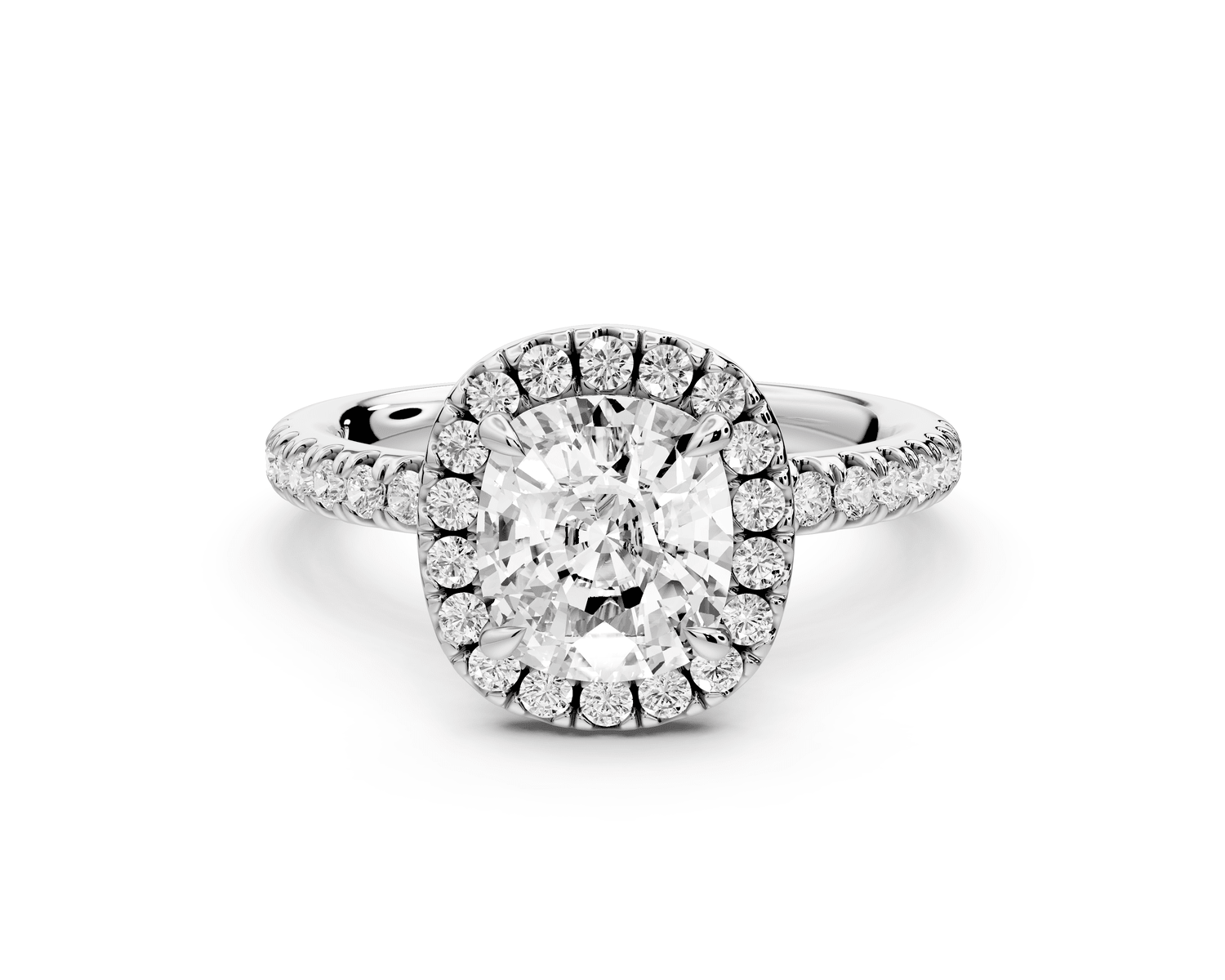 Marina - 2ct platinum cushion halo pavé half band engagement ring - Mr. Alex Jewelry