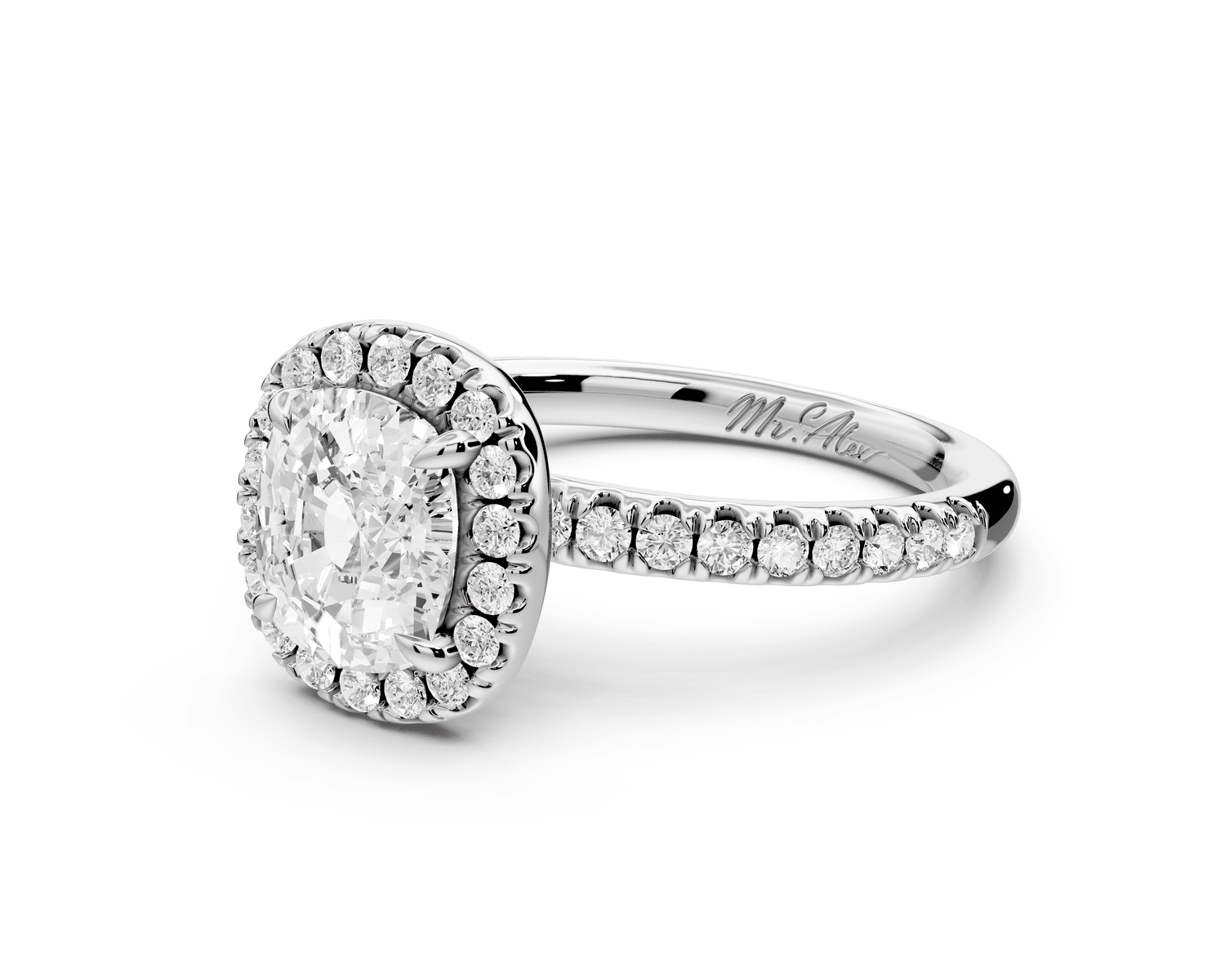 Marina - 2ct platinum cushion halo pavé half band engagement ring - Mr. Alex Jewelry