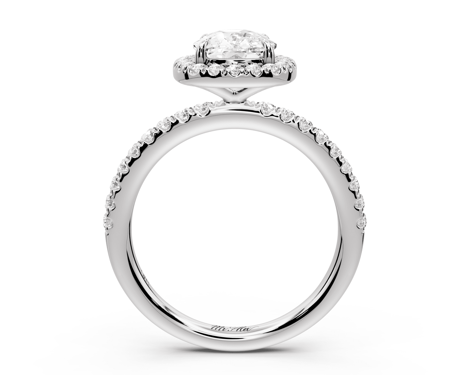 Marina - 2ct platinum ecushion halo pavé half band engagement ring - Mr. Alex Jewelry