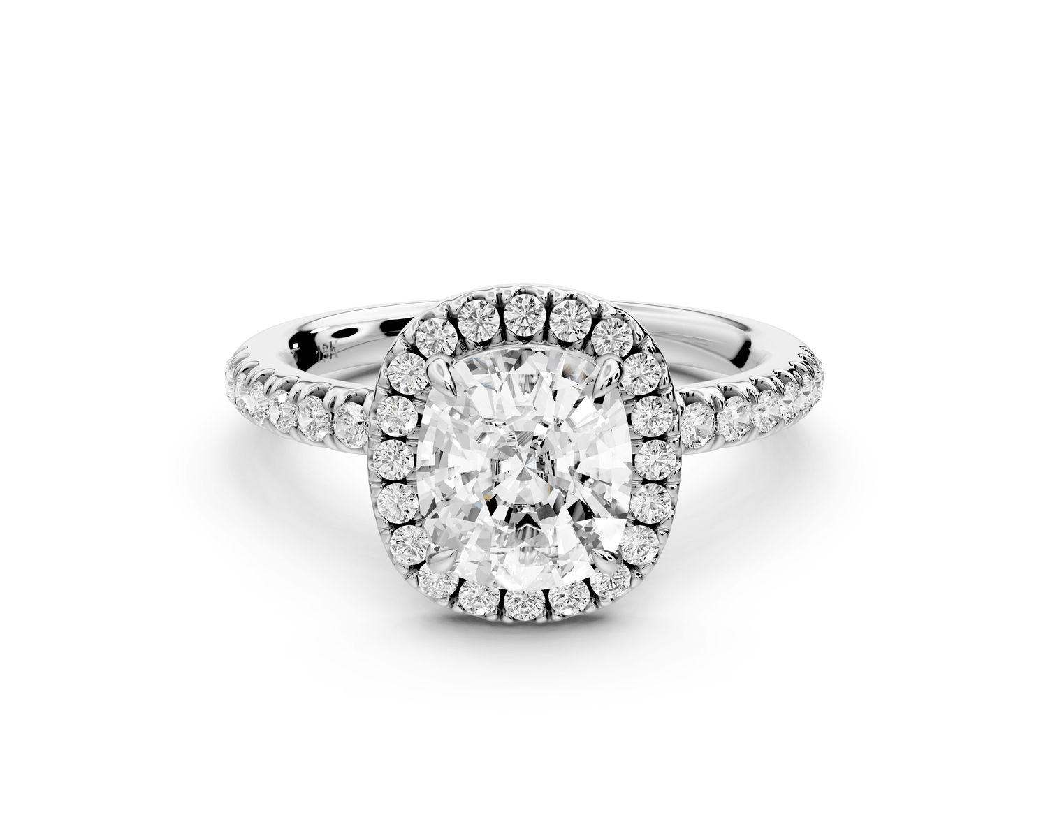 Marina - 2ct platinum ecushion halo pavé half band engagement ring - Mr. Alex Jewelry
