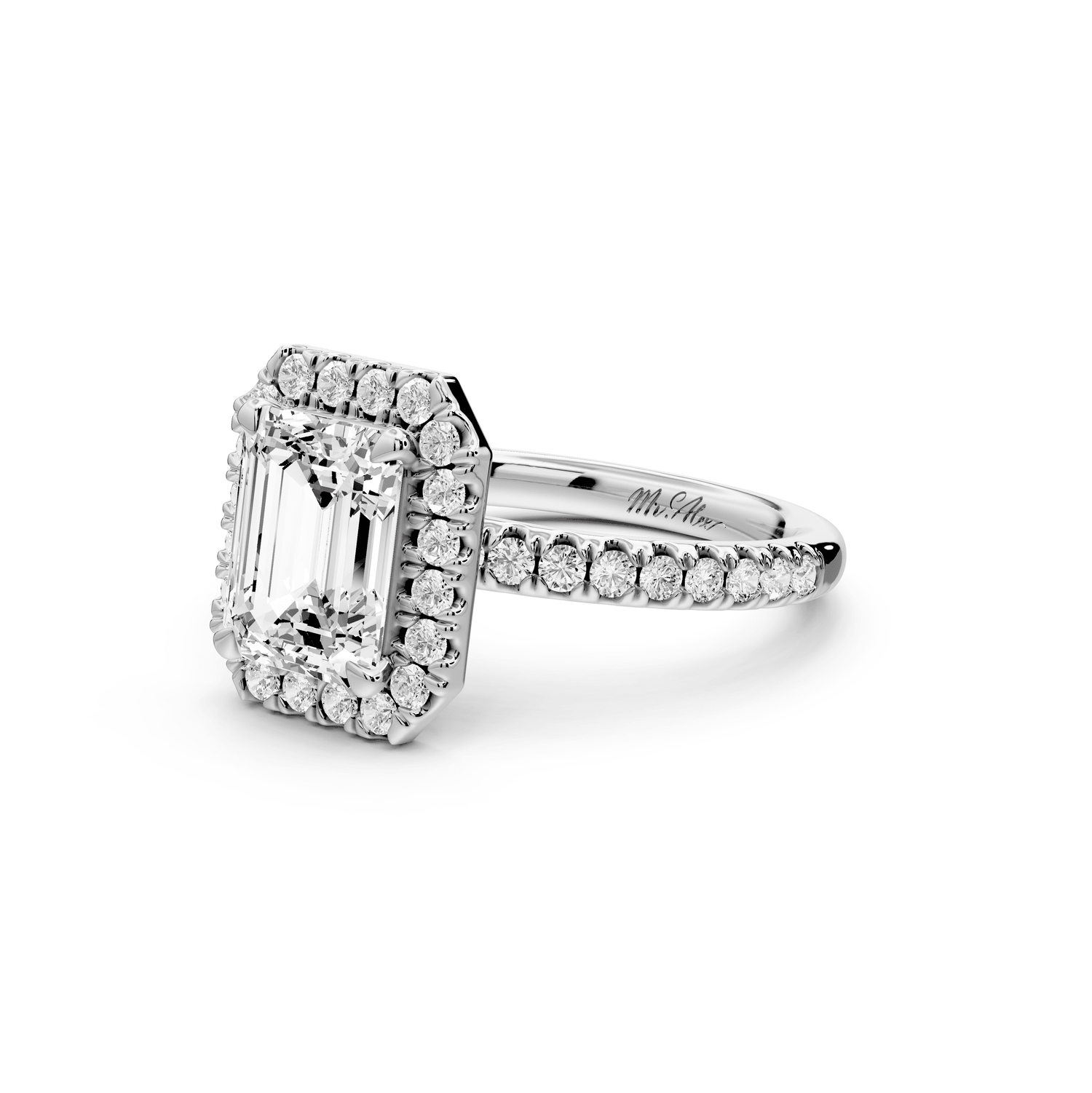 Marina - 2ct platinum emerald halo pavé half band engagment ring - Mr. Alex Jewelry