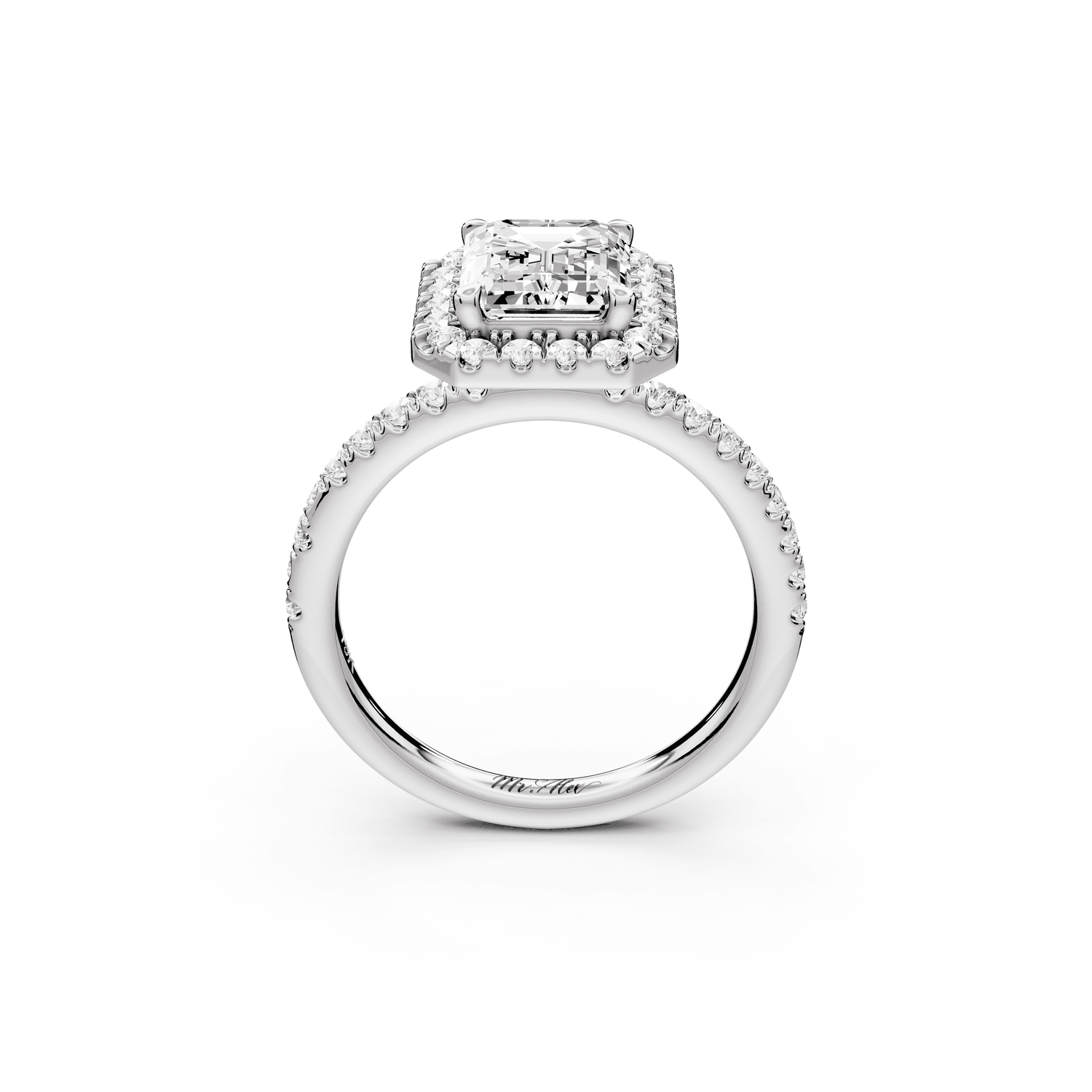 Marina - 2ct platinum emerald halo pavé half band engagment ring - Mr. Alex Jewelry