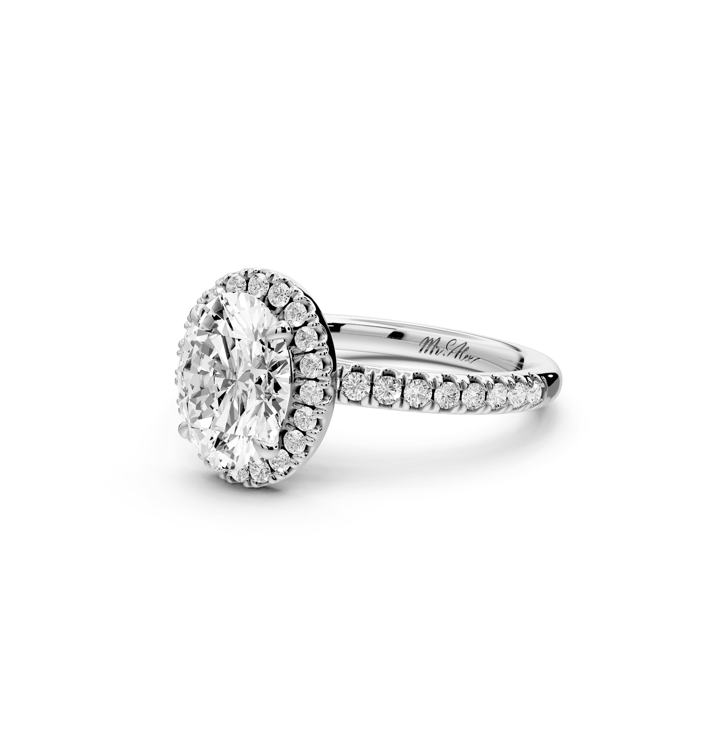 Marina - 2ct platinum oval halo pavé half band engagment ring - Mr. Alex Jewelry