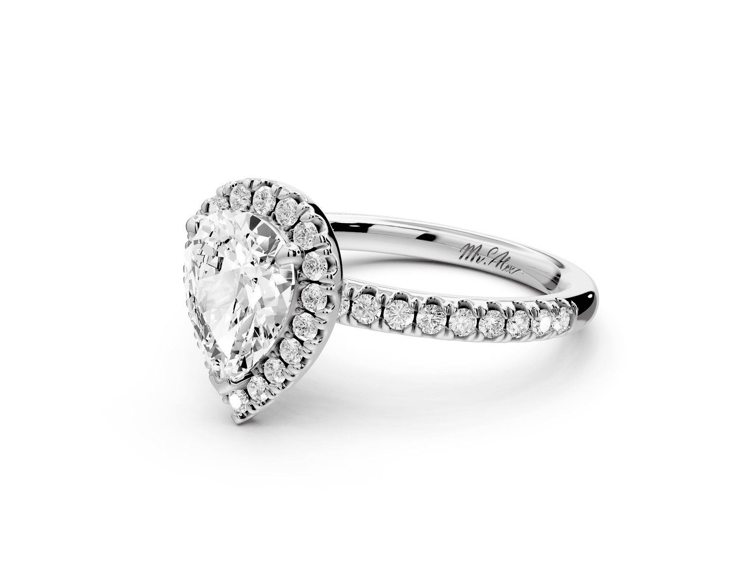 Marina - 2ct platinum pear halo pavé half band engagment ring - Mr. Alex Jewelry