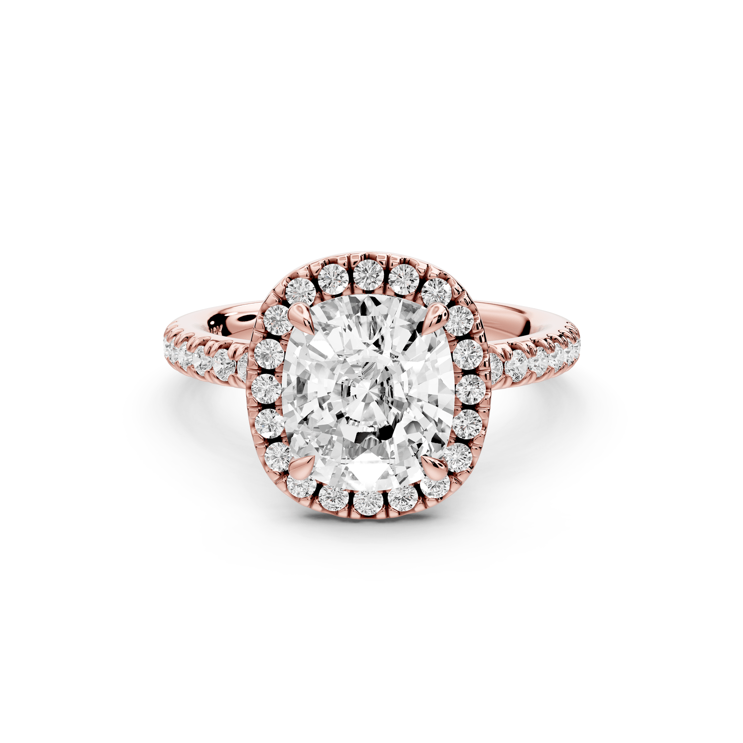 Marina - 3ct 14k rose gold cushion halo pavé half band engagement ring - Mr. Alex Jewelry
