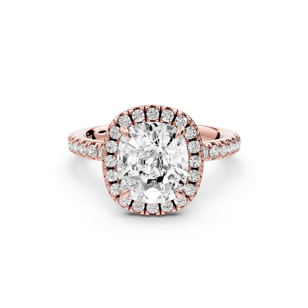 Marina - 3ct 14k rose gold cushion halo pavé half band engagement ring - Mr. Alex Jewelry