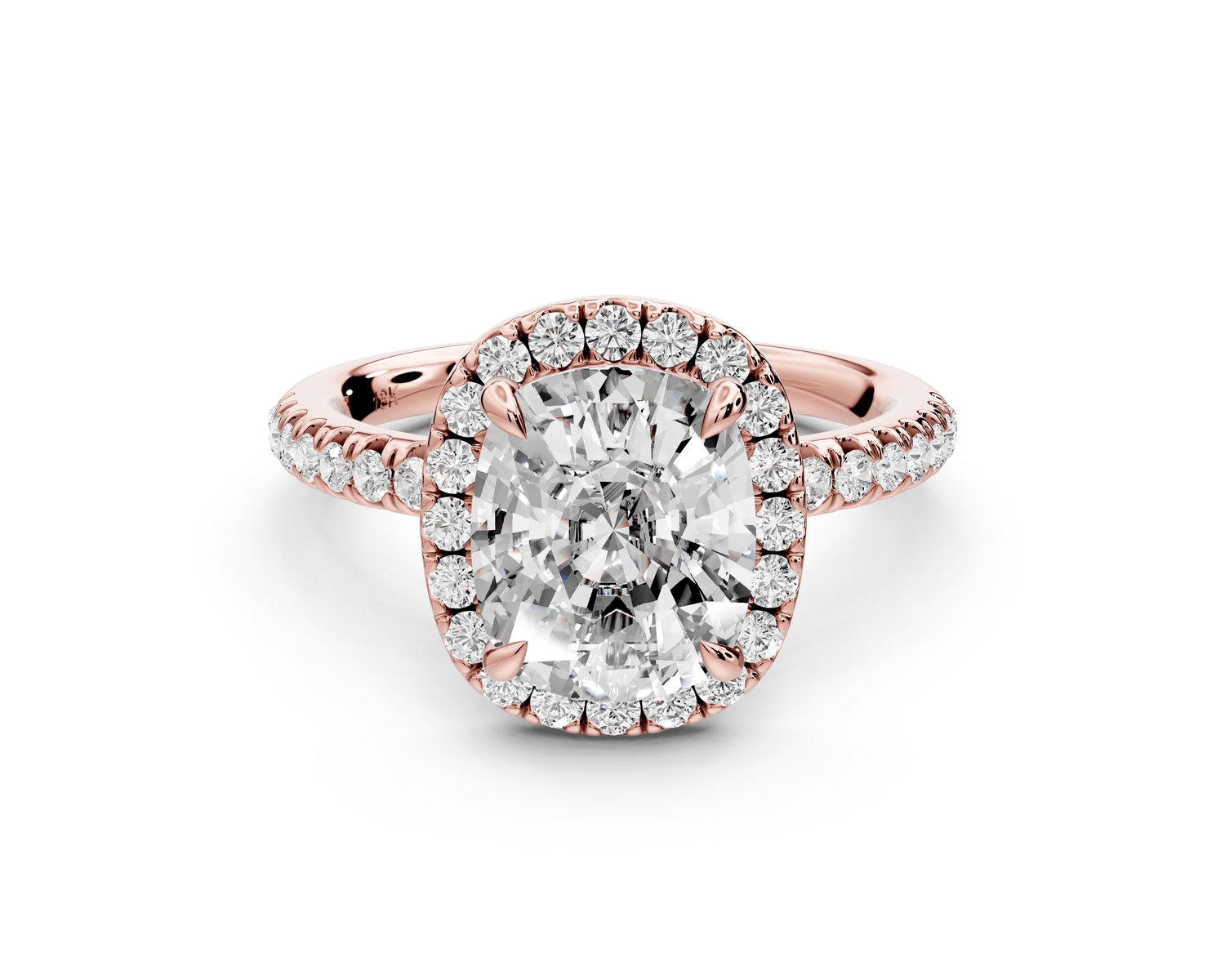 Marina - 3ct 14k rose gold ecushion halo pavé half band engagement ring - Mr. Alex Jewelry