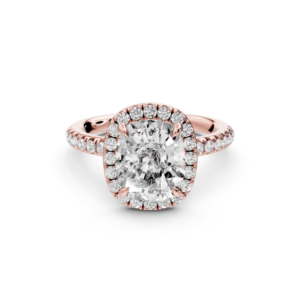 Marina - 3ct 14k rose gold ecushion halo pavé half band engagement ring - Mr. Alex Jewelry