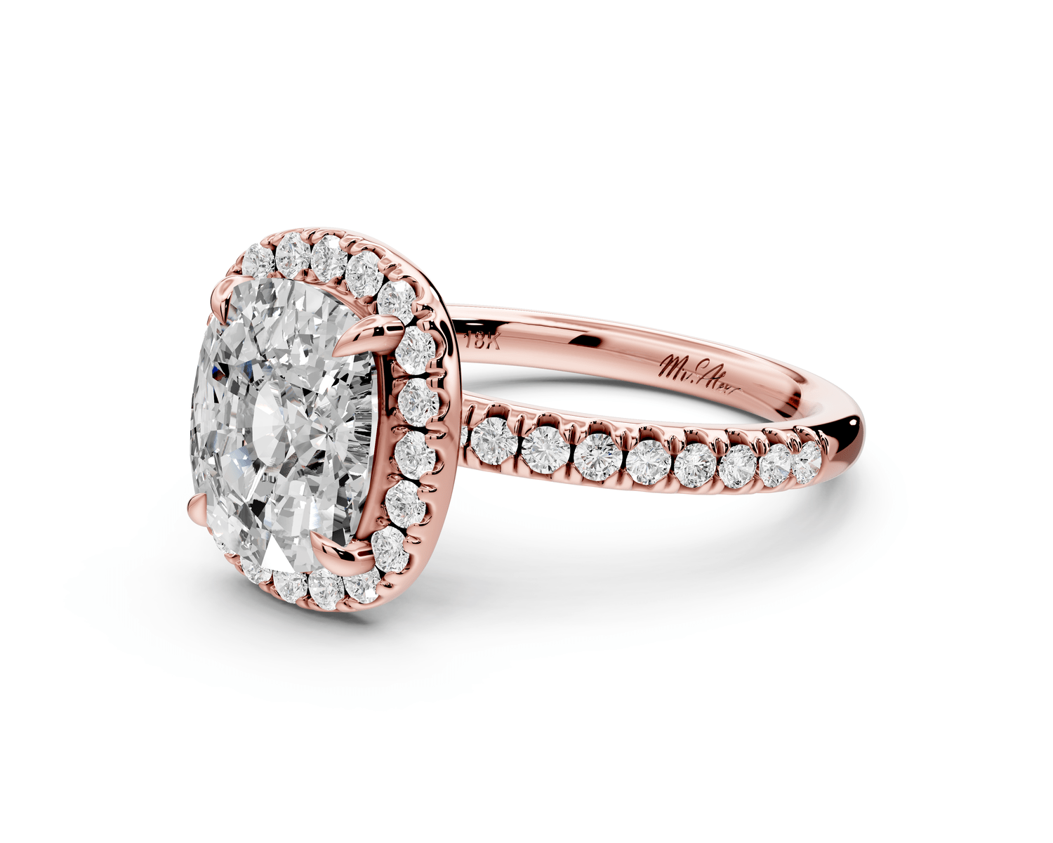 Marina - 3ct 14k rose gold ecushion halo pavé half band engagement ring - Mr. Alex Jewelry