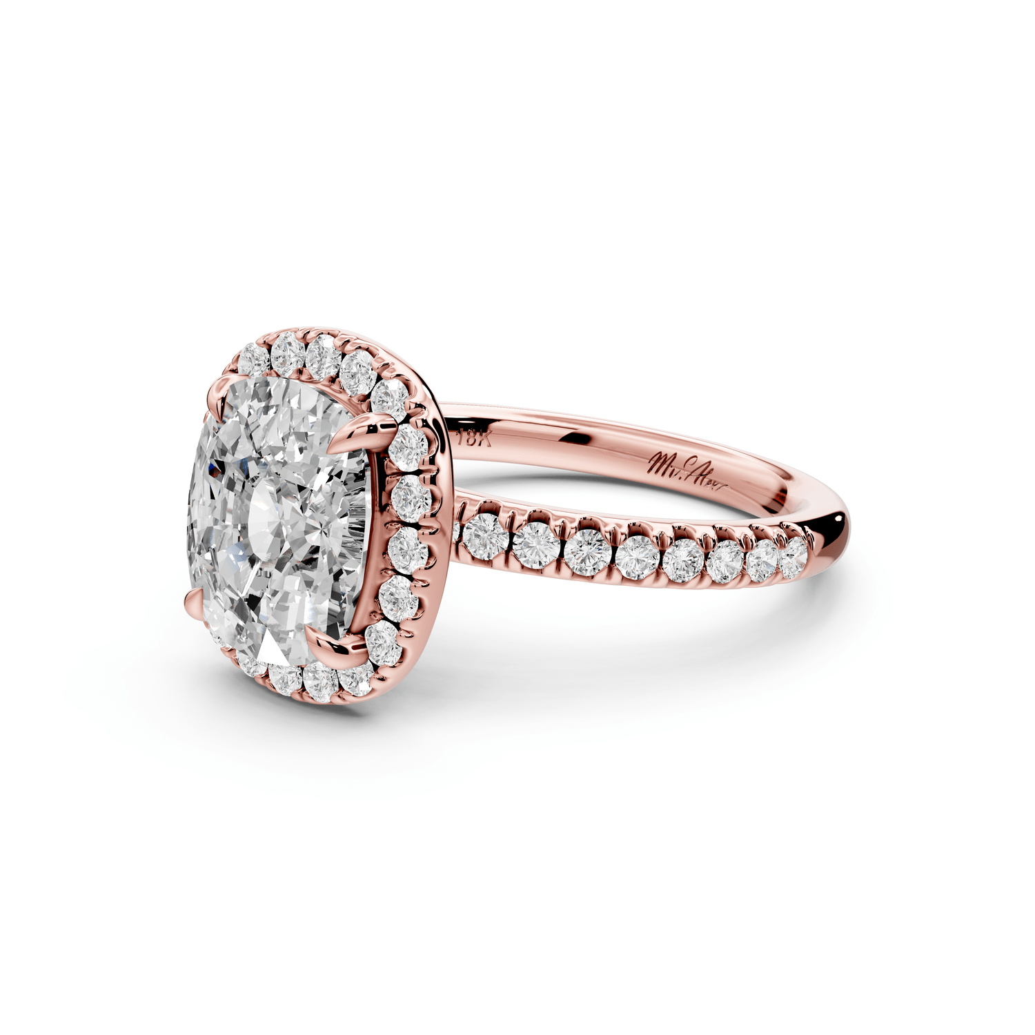 Marina - 3ct 14k rose gold ecushion halo pavé half band engagement ring - Mr. Alex Jewelry