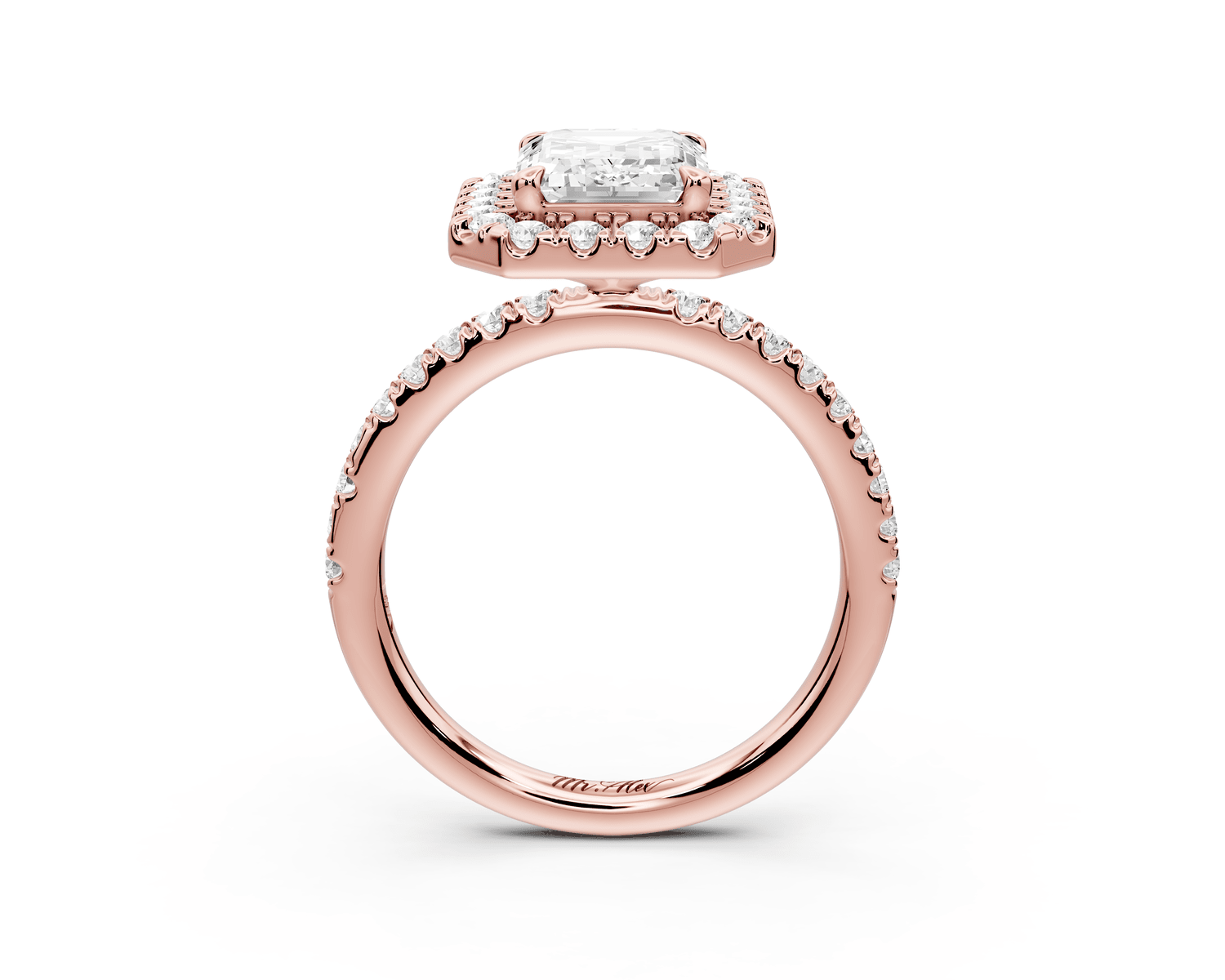 Marina - 3ct 14k rose gold radiant halo pavé half band engagement ring - Mr. Alex Jewelry