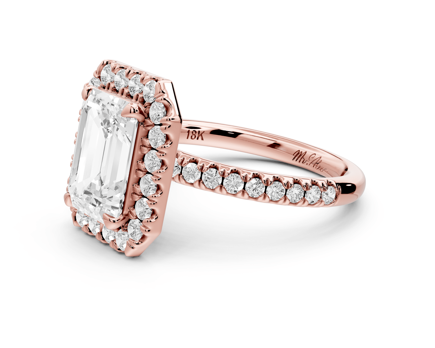 Marina - 3ct 14k rose gold radiant halo pavé half band engagement ring - Mr. Alex Jewelry