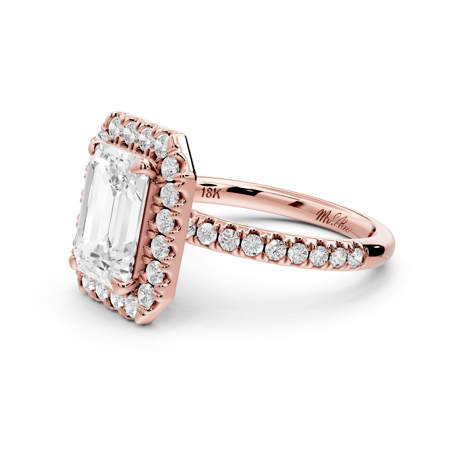 Marina - 3ct 14k rose gold radiant halo pavé half band engagement ring - Mr. Alex Jewelry