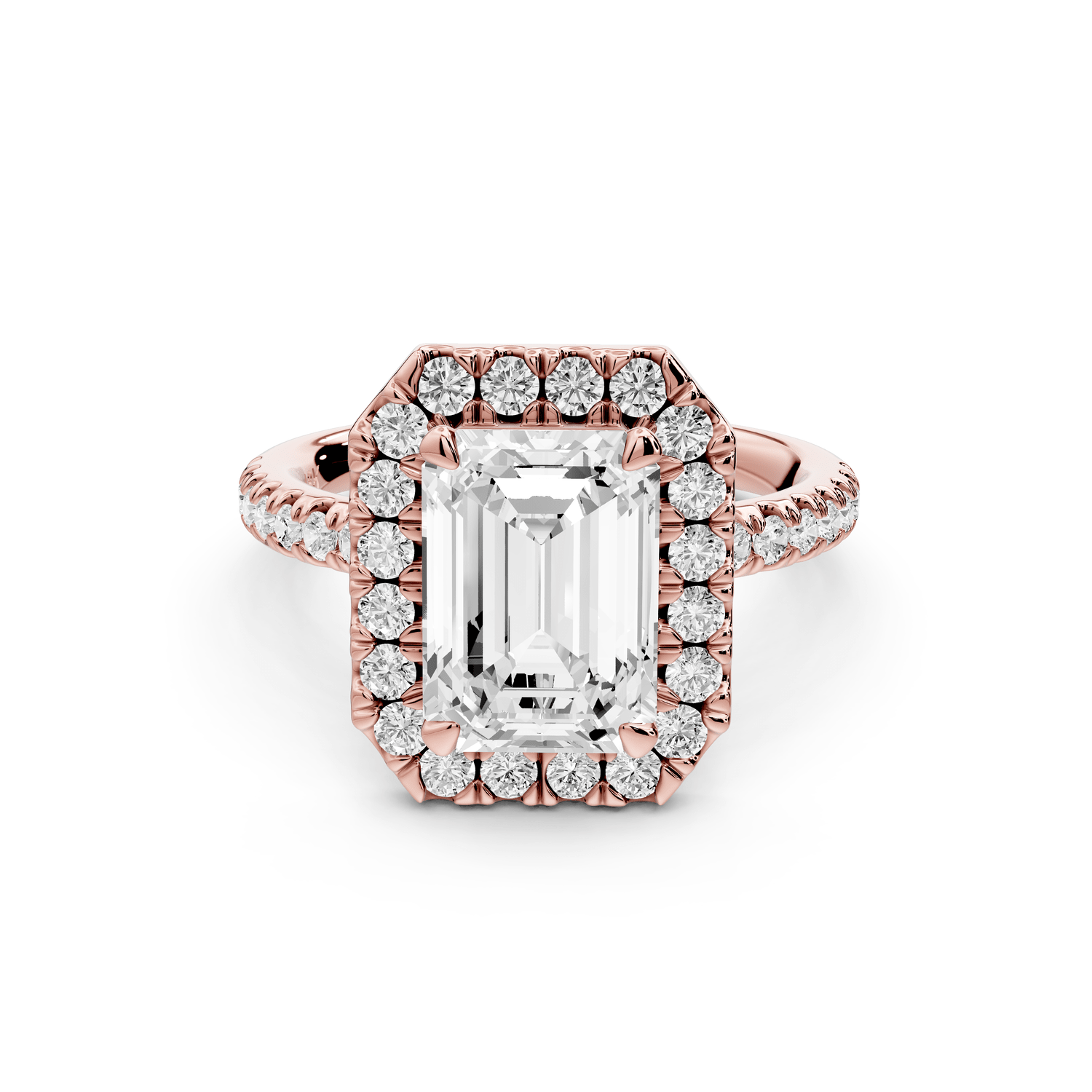 Marina - 3ct 14k rose gold radiant halo pavé half band engagement ring - Mr. Alex Jewelry