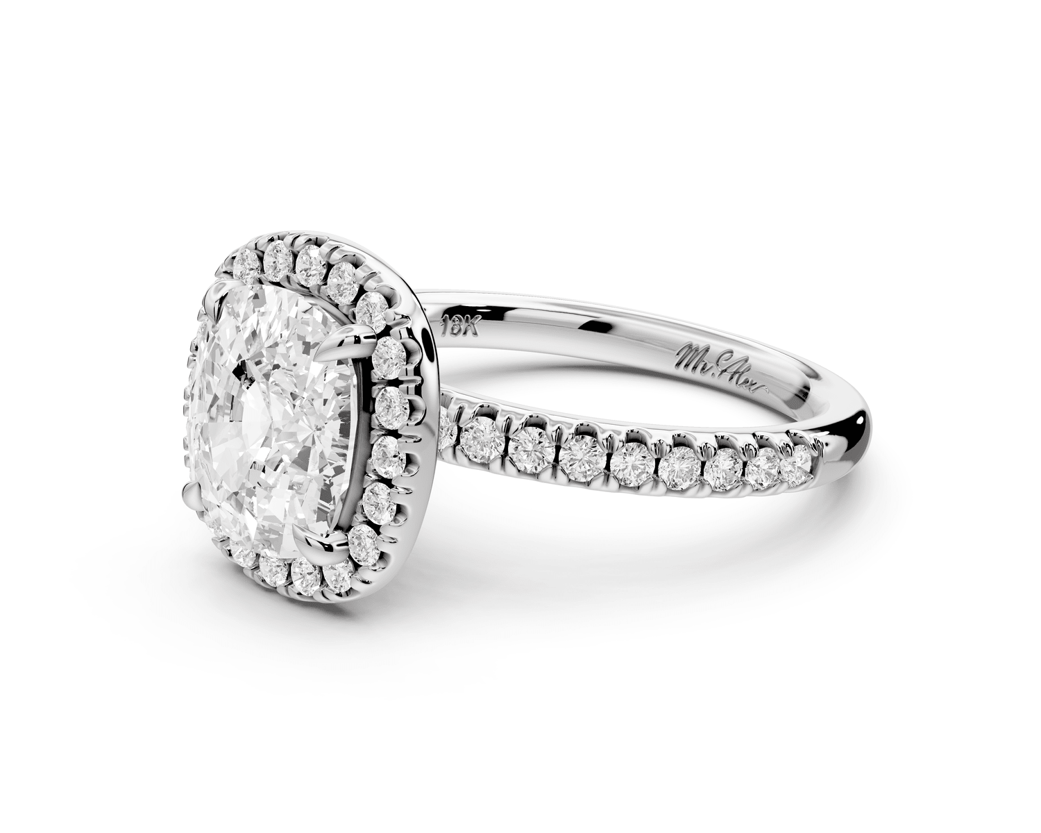 Marina - 3ct 14k white gold cushion halo pavé half band engagement ring - Mr. Alex Jewelry