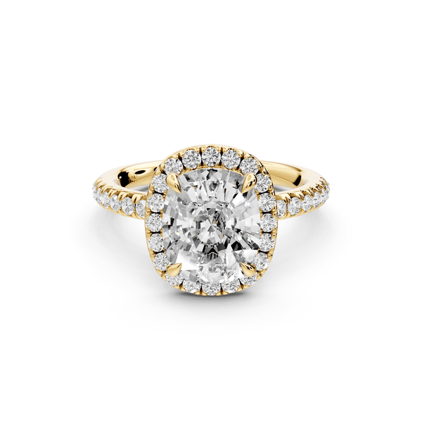 Marina - 3ct 14k yellow gold ecushion halo pavé half band engagement ring - Mr. Alex Jewelry