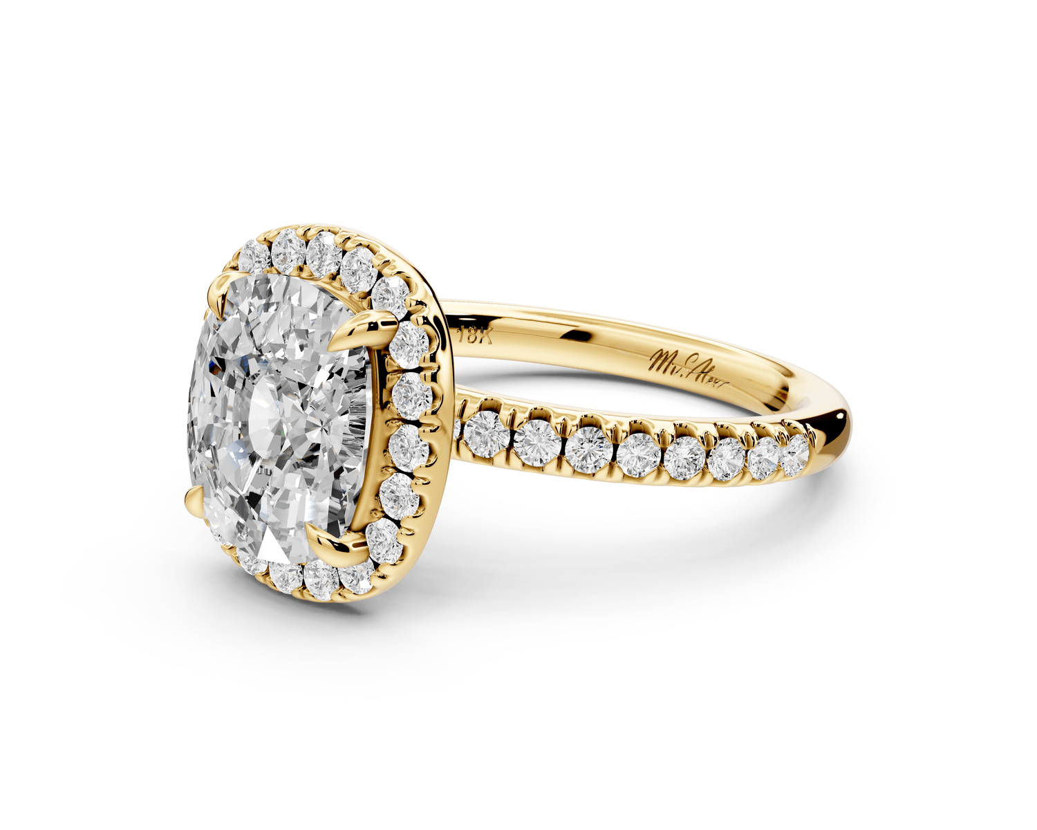Marina - 3ct 14k yellow gold ecushion halo pavé half band engagement ring - Mr. Alex Jewelry