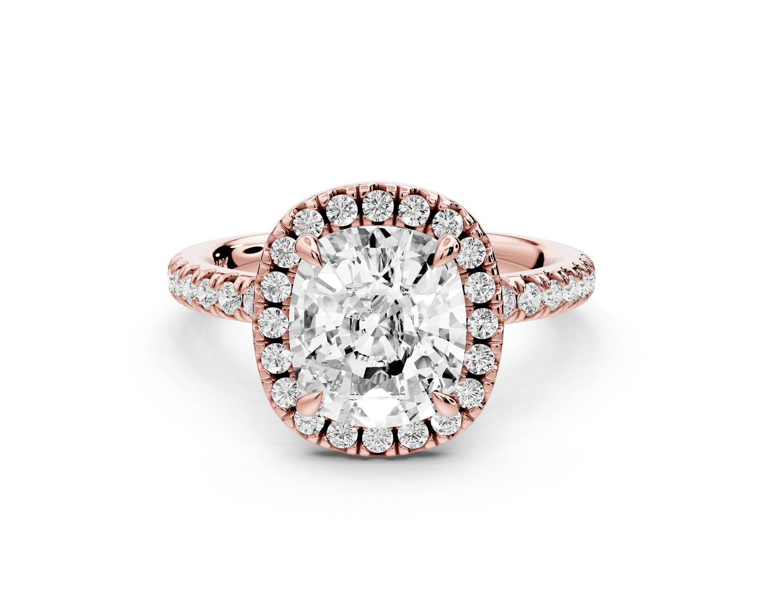 Marina - 3ct 18k rose gold cushion halo pavé half band engagement ring - Mr. Alex Jewelry