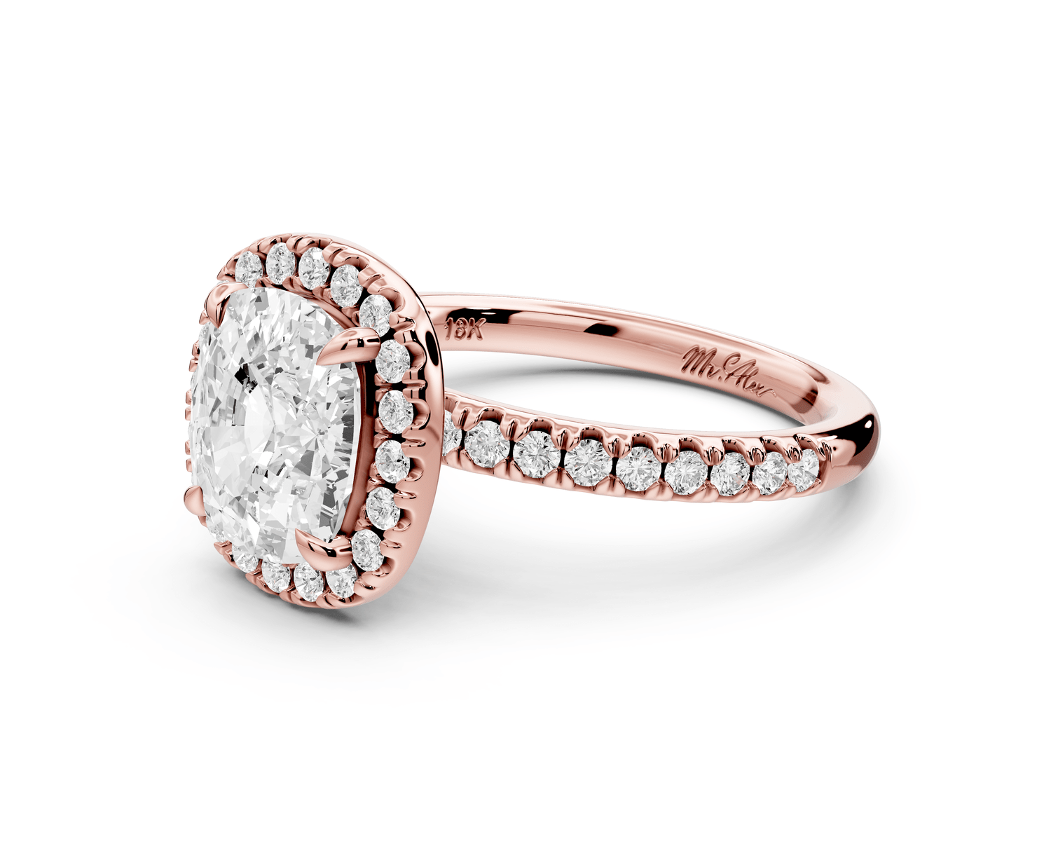 Marina - 3ct 18k rose gold cushion halo pavé half band engagement ring - Mr. Alex Jewelry