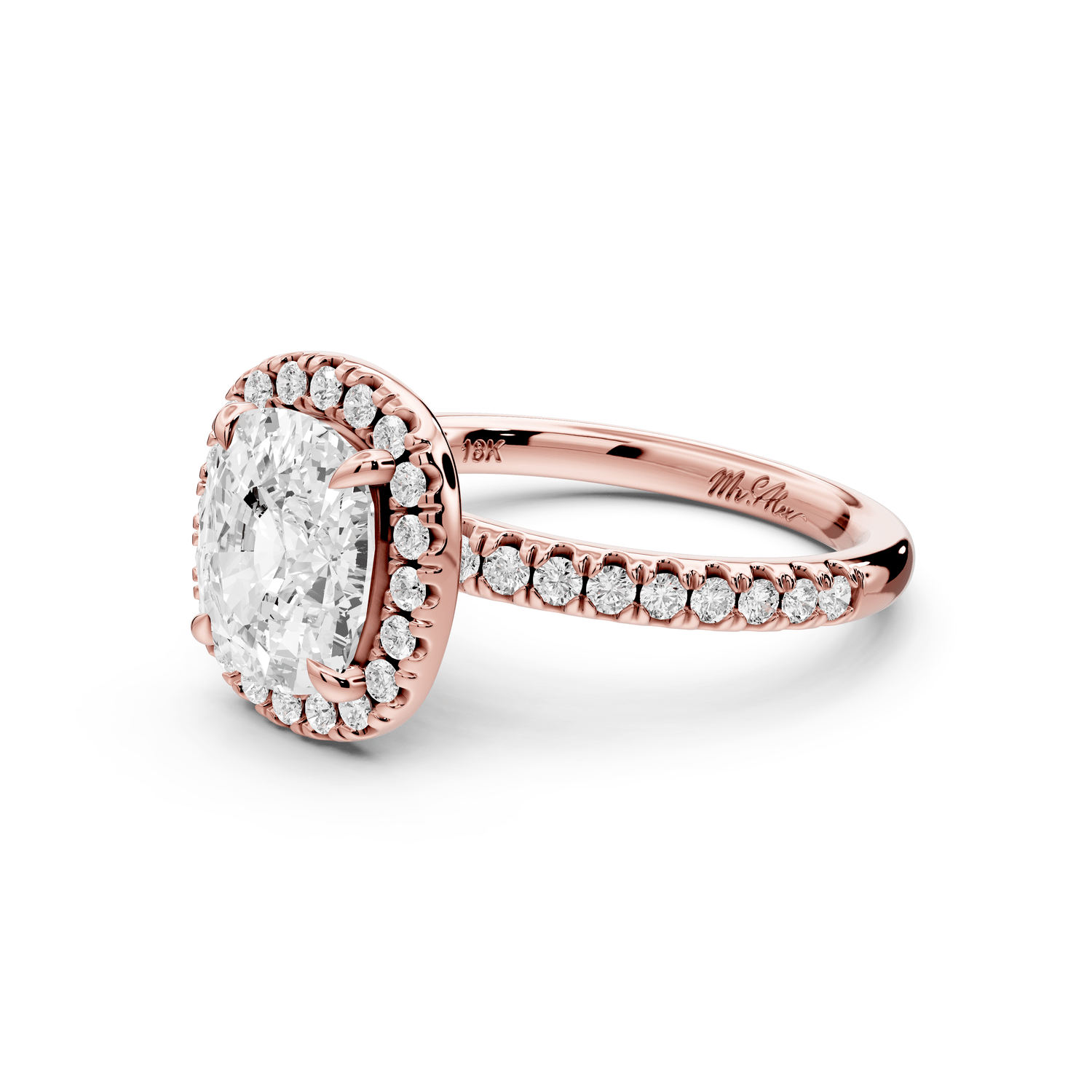 Marina - 3ct 18k rose gold cushion halo pavé half band engagement ring - Mr. Alex Jewelry