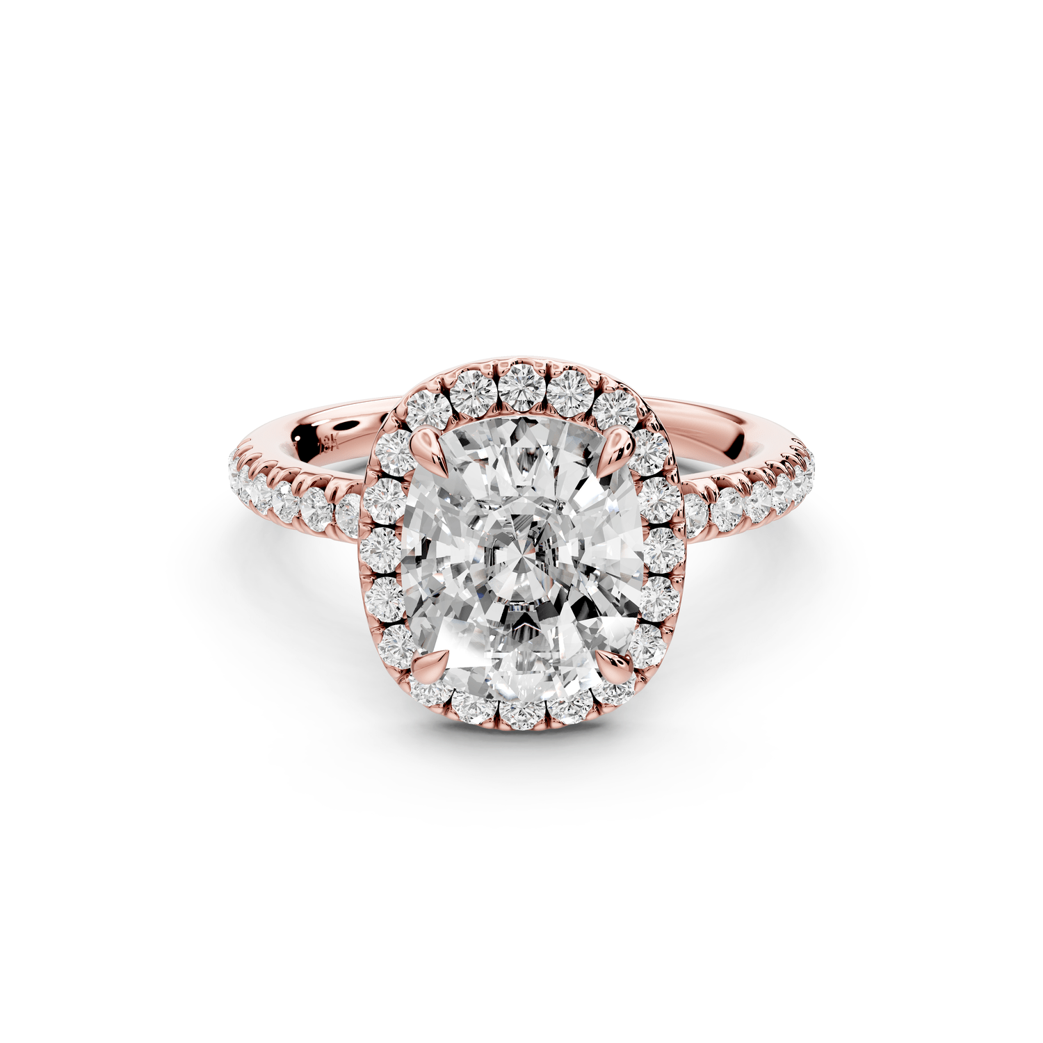 Marina - 3ct 18k rose gold ecushion halo pavé half band engagement ring - Mr. Alex Jewelry