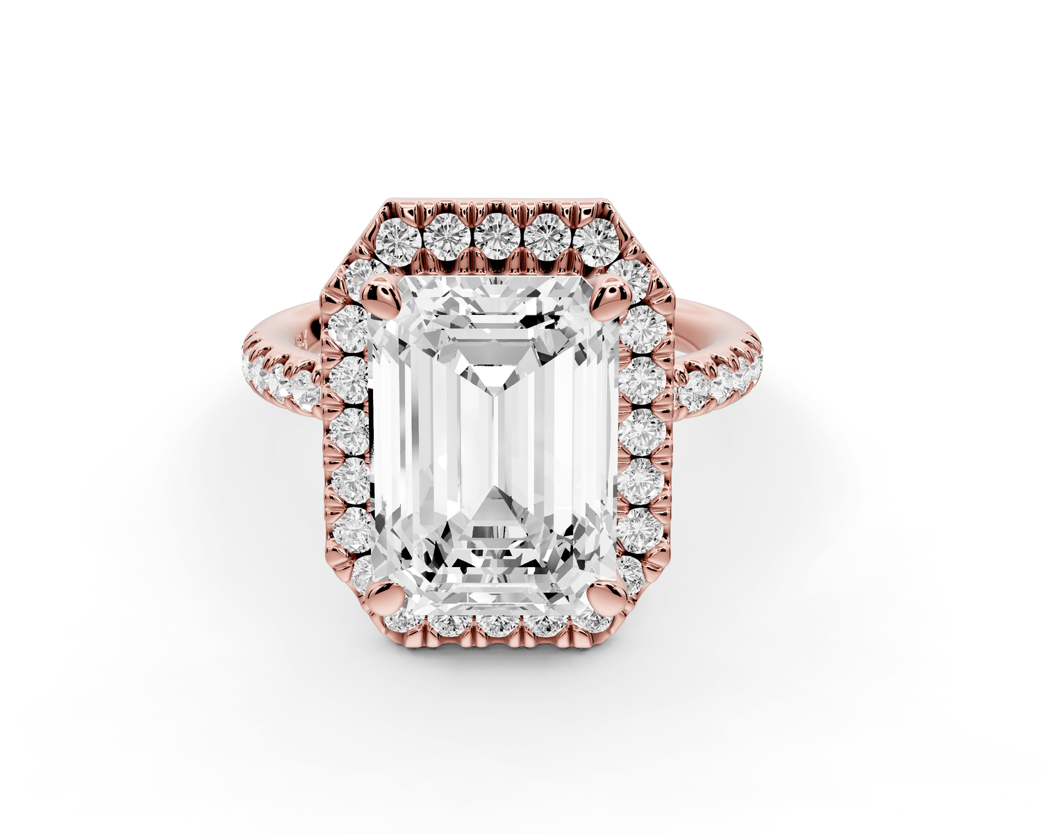 Marina - 3ct 18k rose gold emerald halo pavé half band engagment ring - Mr. Alex Jewelry