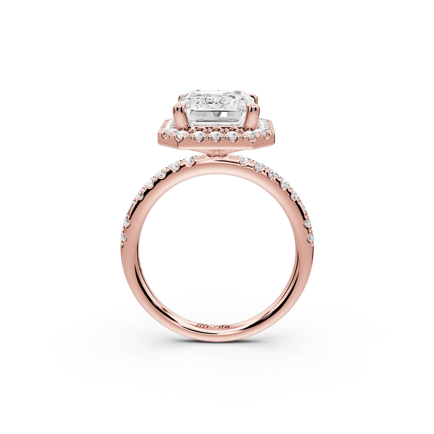 Marina - 3ct 18k rose gold emerald halo pavé half band engagment ring - Mr. Alex Jewelry