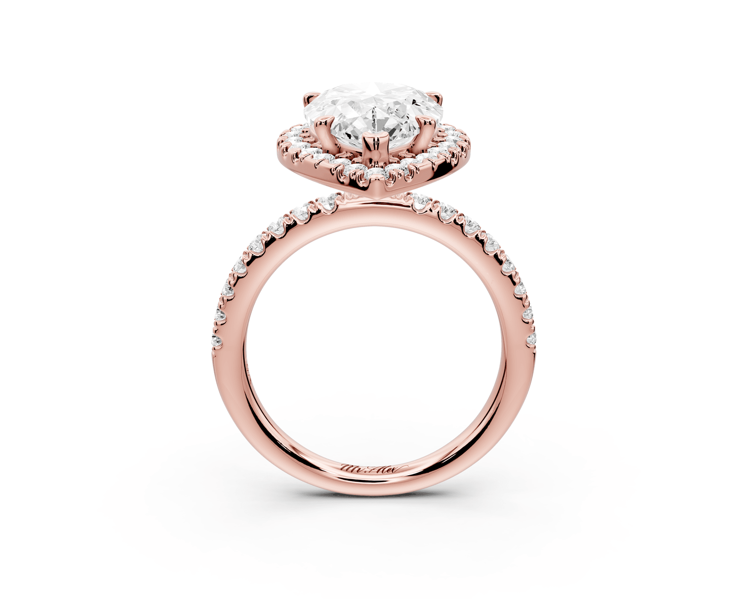 Marina - 3ct 18k rose gold pear halo pavé half band engagment ring - Mr. Alex Jewelry