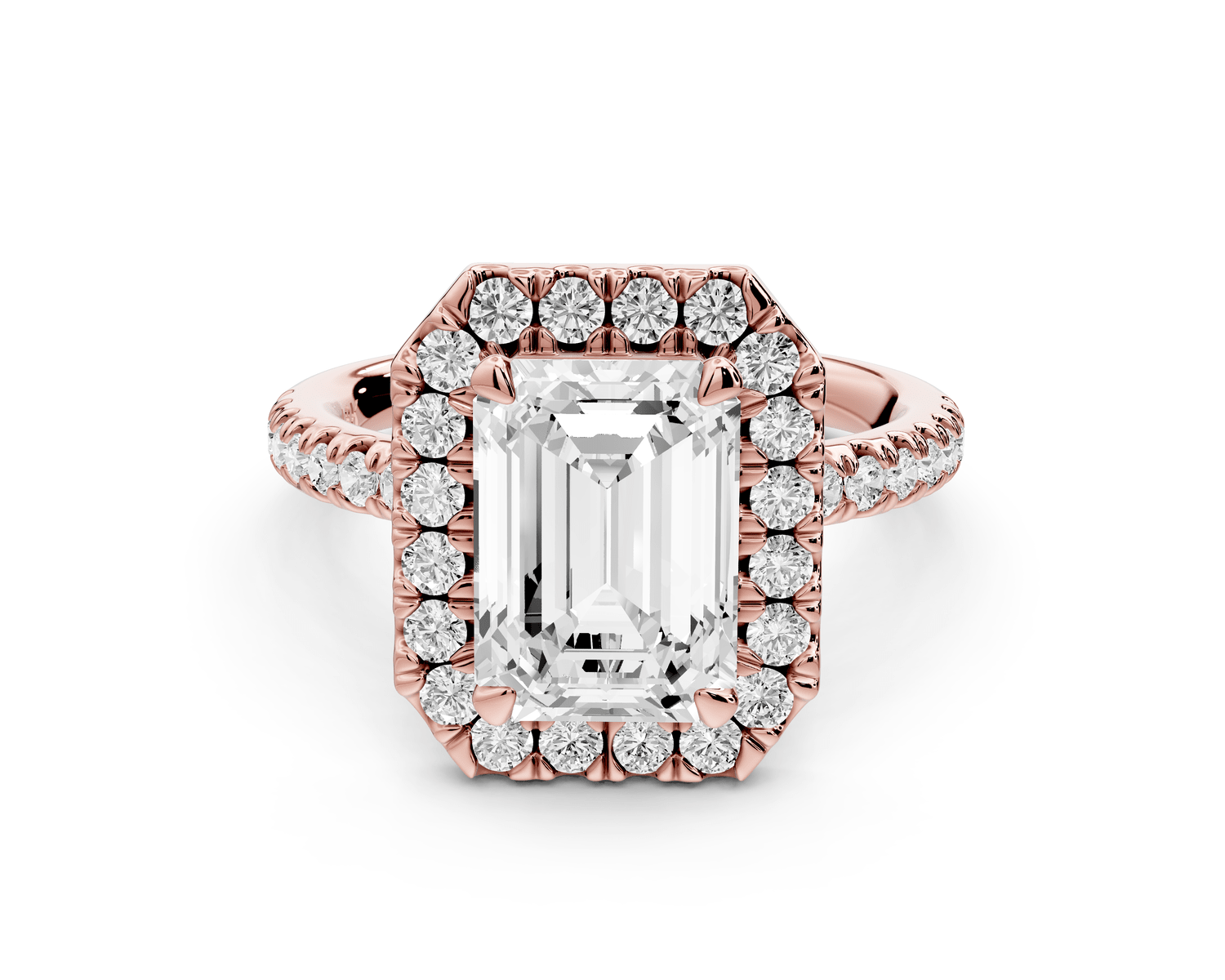Marina - 3ct 18k rose gold radiant halo pavé half band engagement ring - Mr. Alex Jewelry