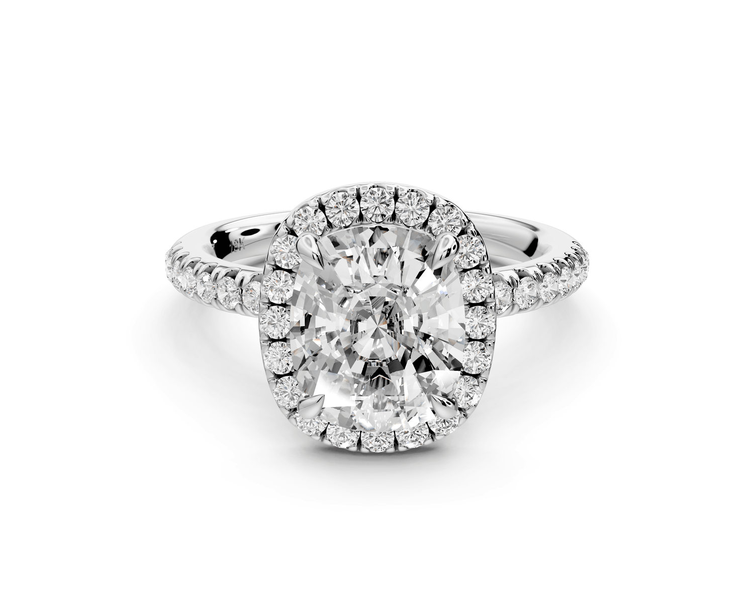 Marina - 3ct 18k white gold ecushion halo pavé half band engagement ring - Mr. Alex Jewelry