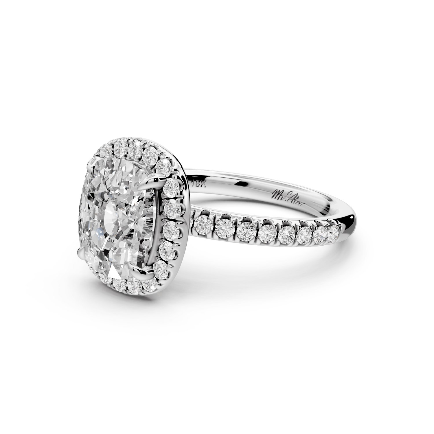 Marina - 3ct 18k white gold ecushion halo pavé half band engagement ring - Mr. Alex Jewelry