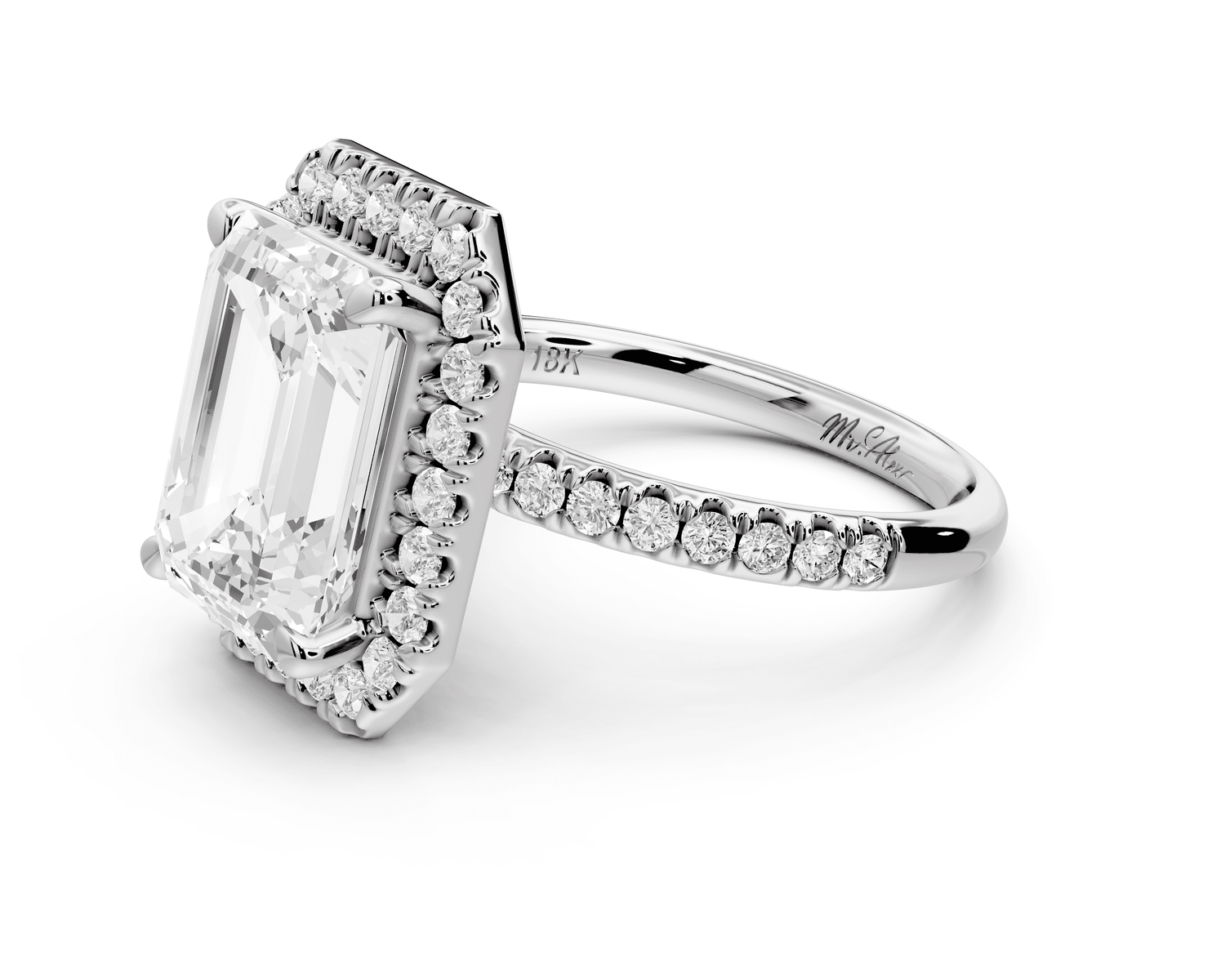 Marina - 3ct 18k white gold emerald halo pavé half band engagment ring - Mr. Alex Jewelry