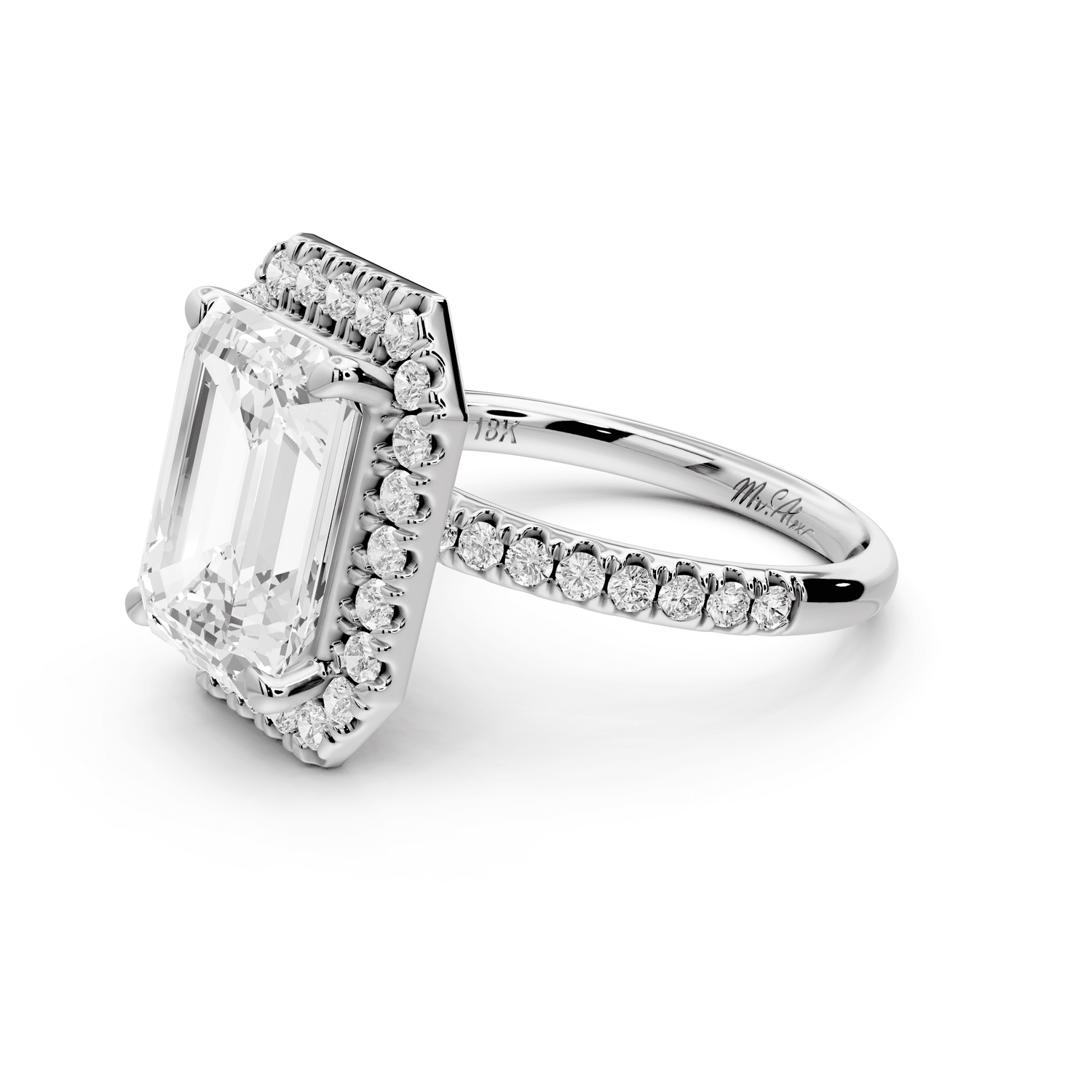 Marina - 3ct 18k white gold emerald halo pavé half band engagment ring - Mr. Alex Jewelry
