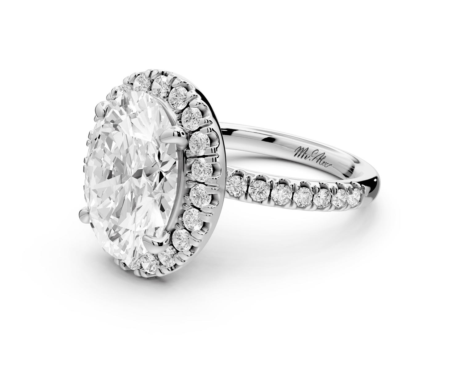 Marina - 3ct 18k white gold oval halo pavé half band engagment ring - Mr. Alex Jewelry