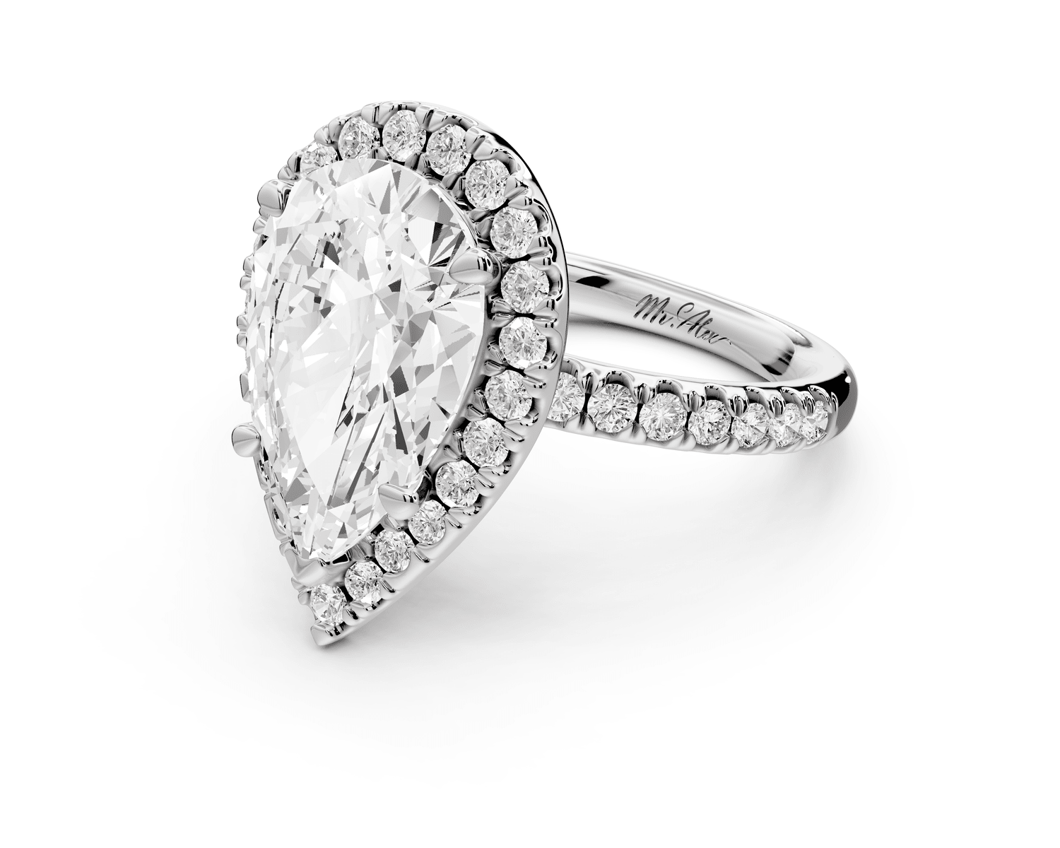 Marina - 3ct 18k white gold pear halo pavé half band engagment ring - Mr. Alex Jewelry