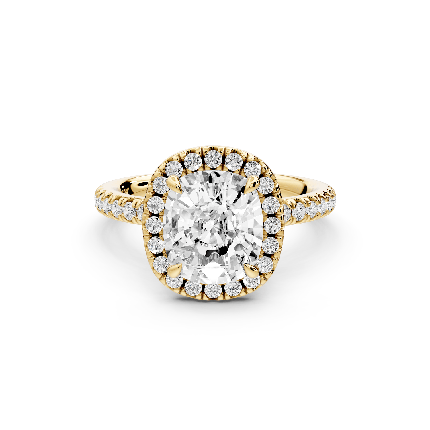 Marina - 3ct 18k yellow gold cushion halo pavé half band engagement ring - Mr. Alex Jewelry